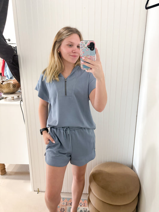 Sylvie Scuba Top and Shorts Casual Set, Blue