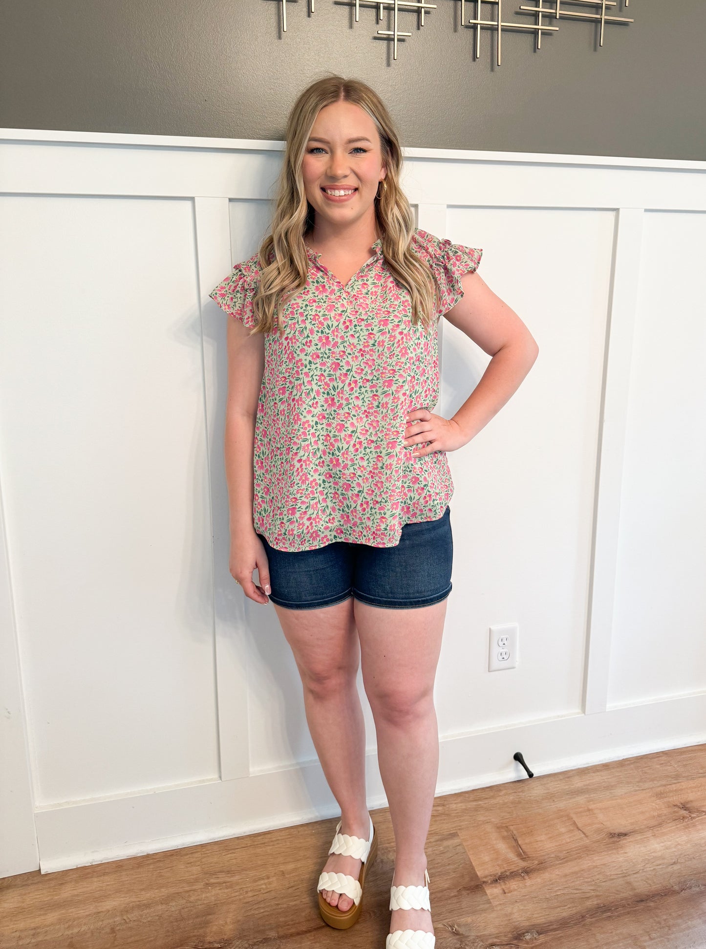 Braylee Floral Chiffon Flutter Sleeve Blouse, Green