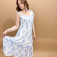 Celine Floral Smocked Sweetheart Ruffle Trim Midi Dress, Blue / White