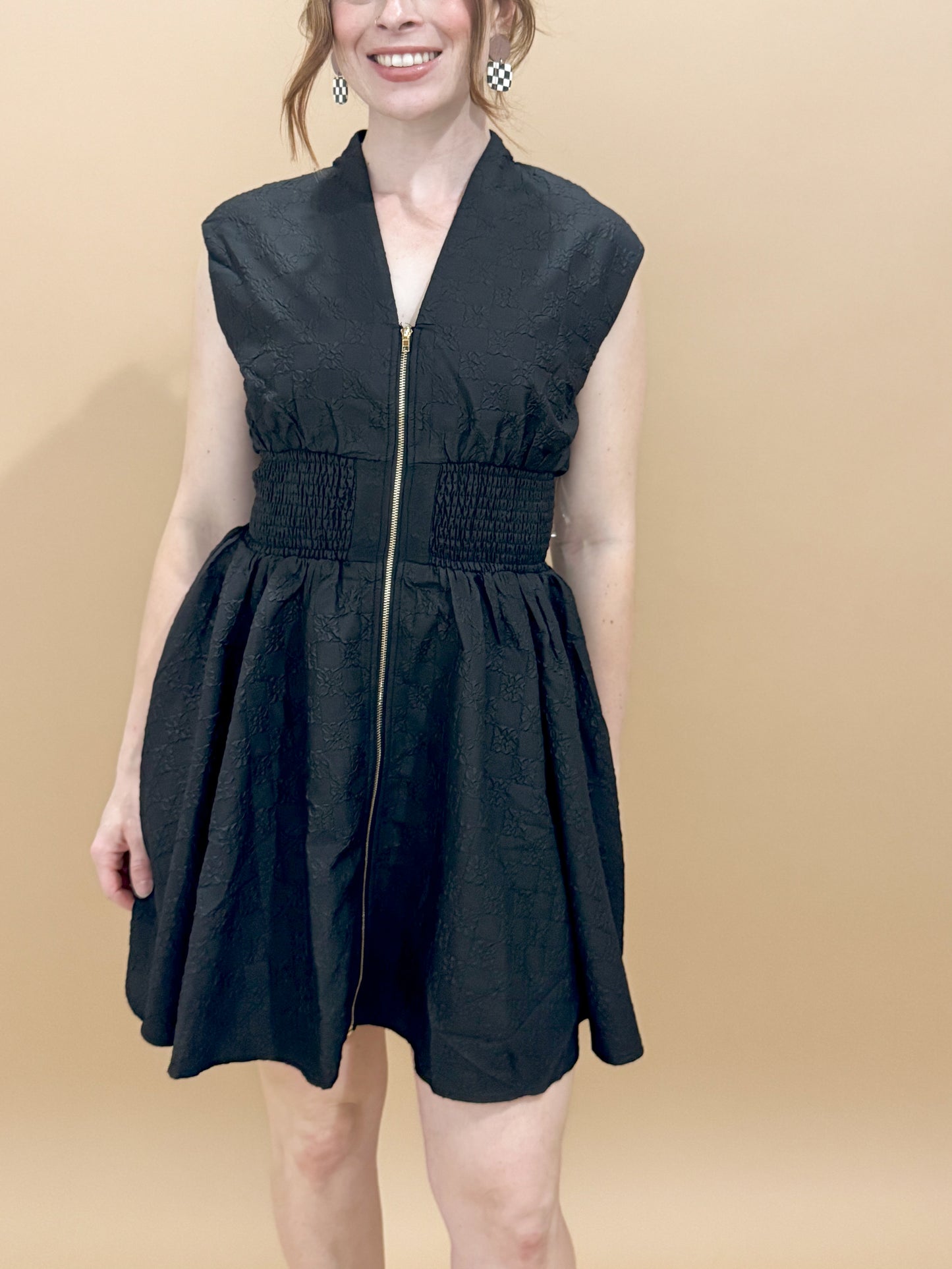 Demi Floral Appliqué Zip Up Mini Dress, Black