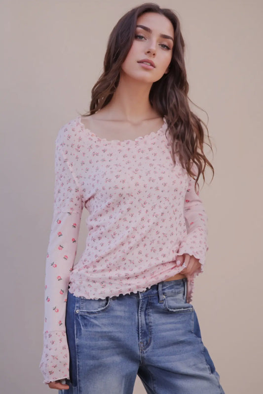 Gigi Floral Long Sleeve Lettuce Hem Top, Red