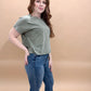 Eden Round Neck Mineral Wash Back Seam Detail Short Sleeve Top, Olive