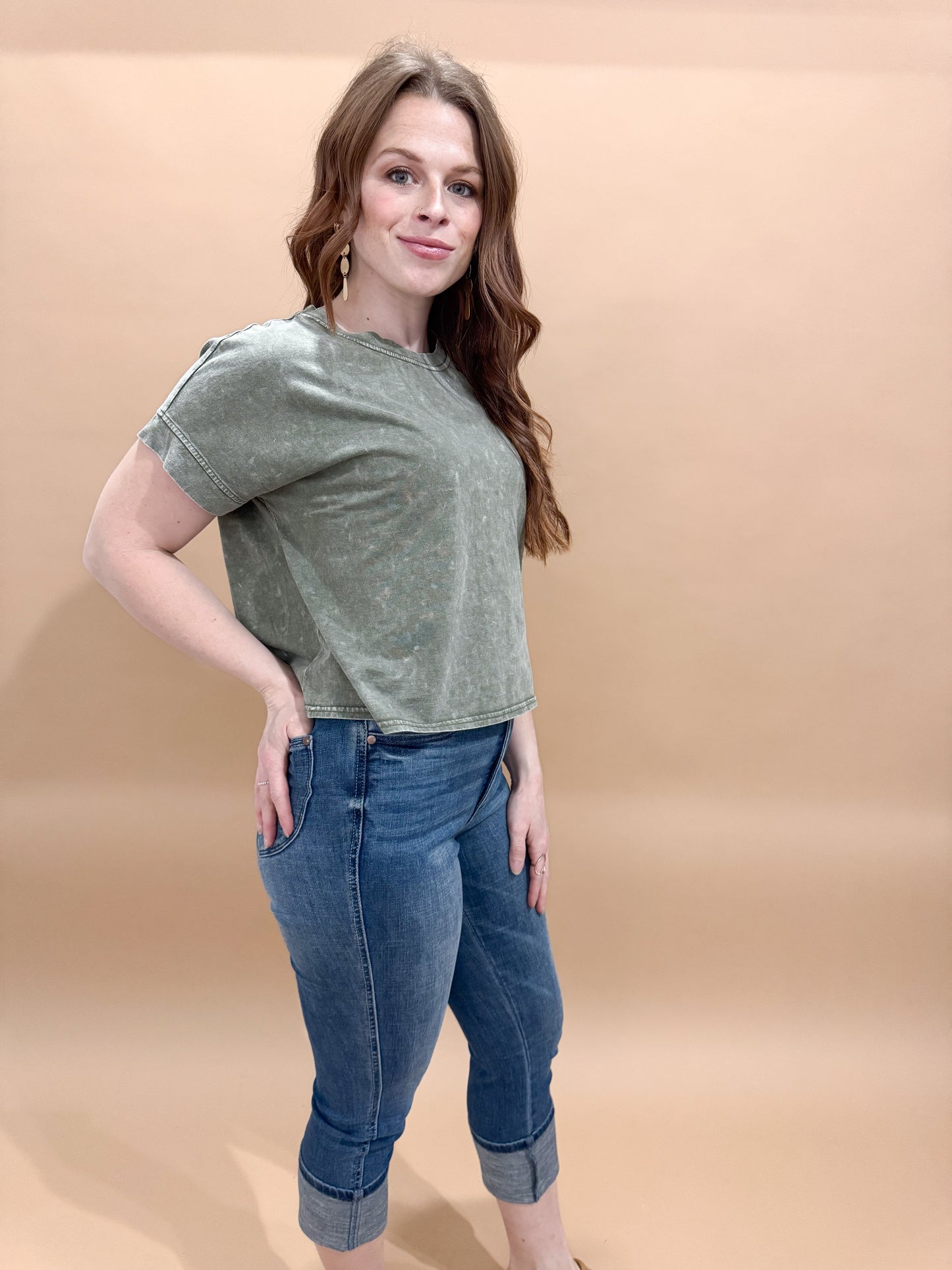 Eden Round Neck Mineral Wash Back Seam Detail Short Sleeve Top, Olive
