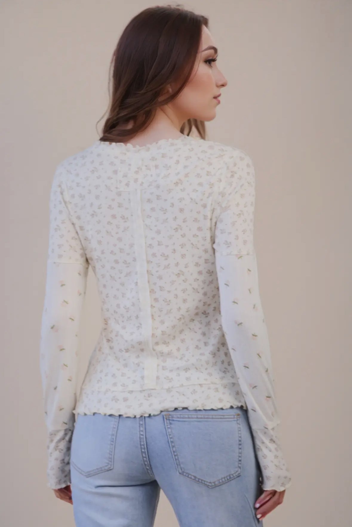Gigi Floral Long Sleeve Lettuce Hem Top, Blush