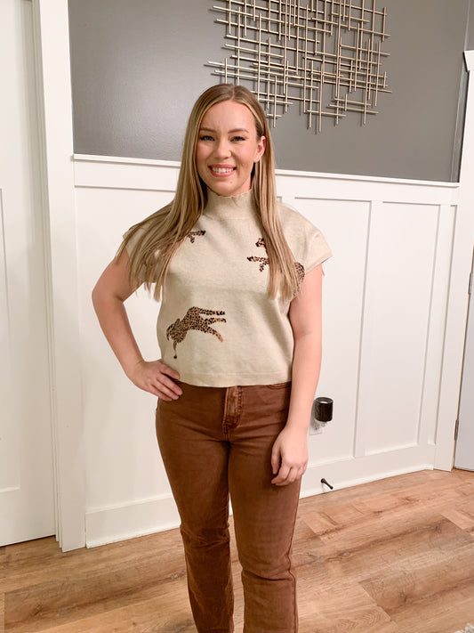 Izzy Leopard Sweater Mock Neck Vest, Oatmeal
