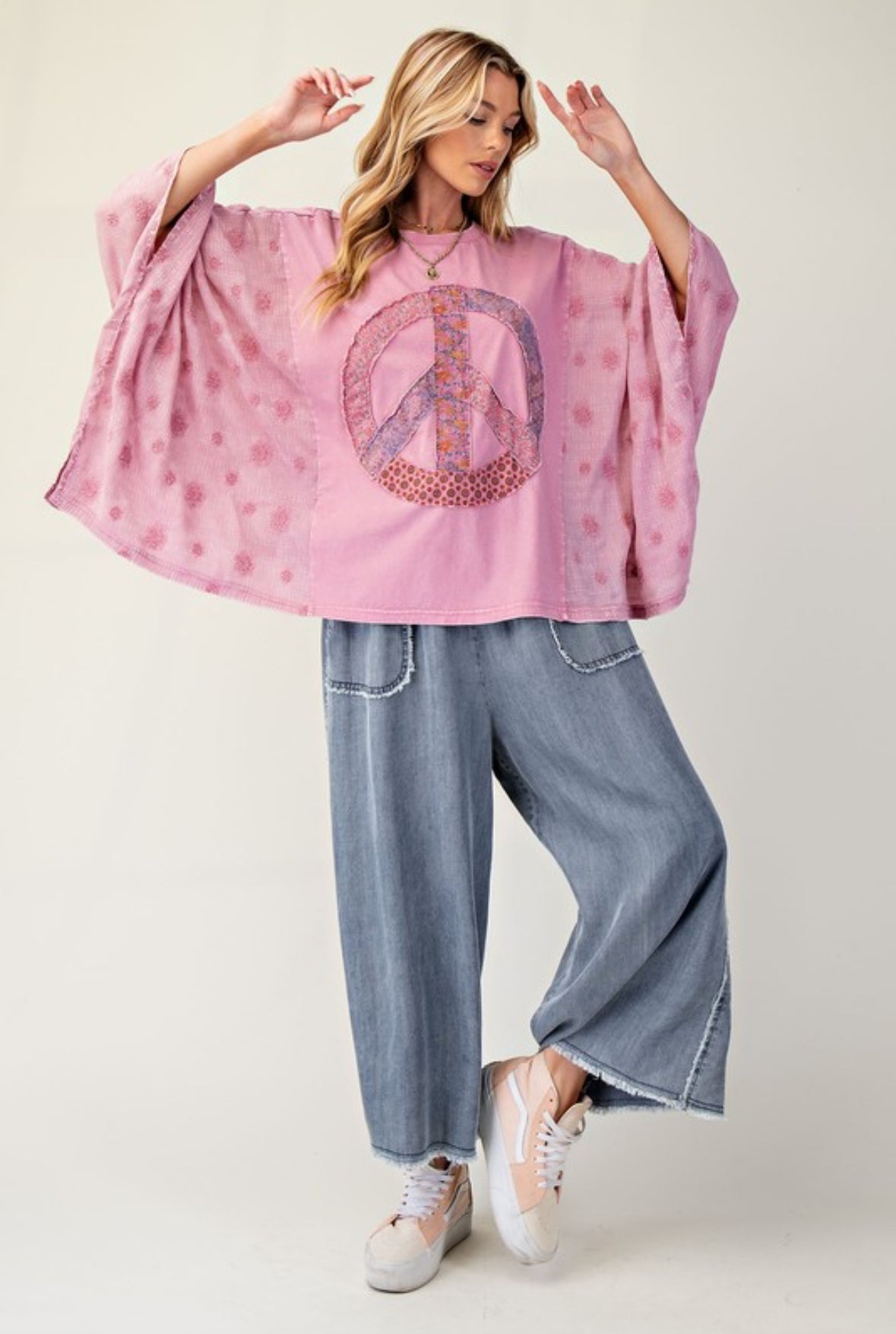 Myra Embroidered Patchwork Peace Sign Poncho, Dusty Rose