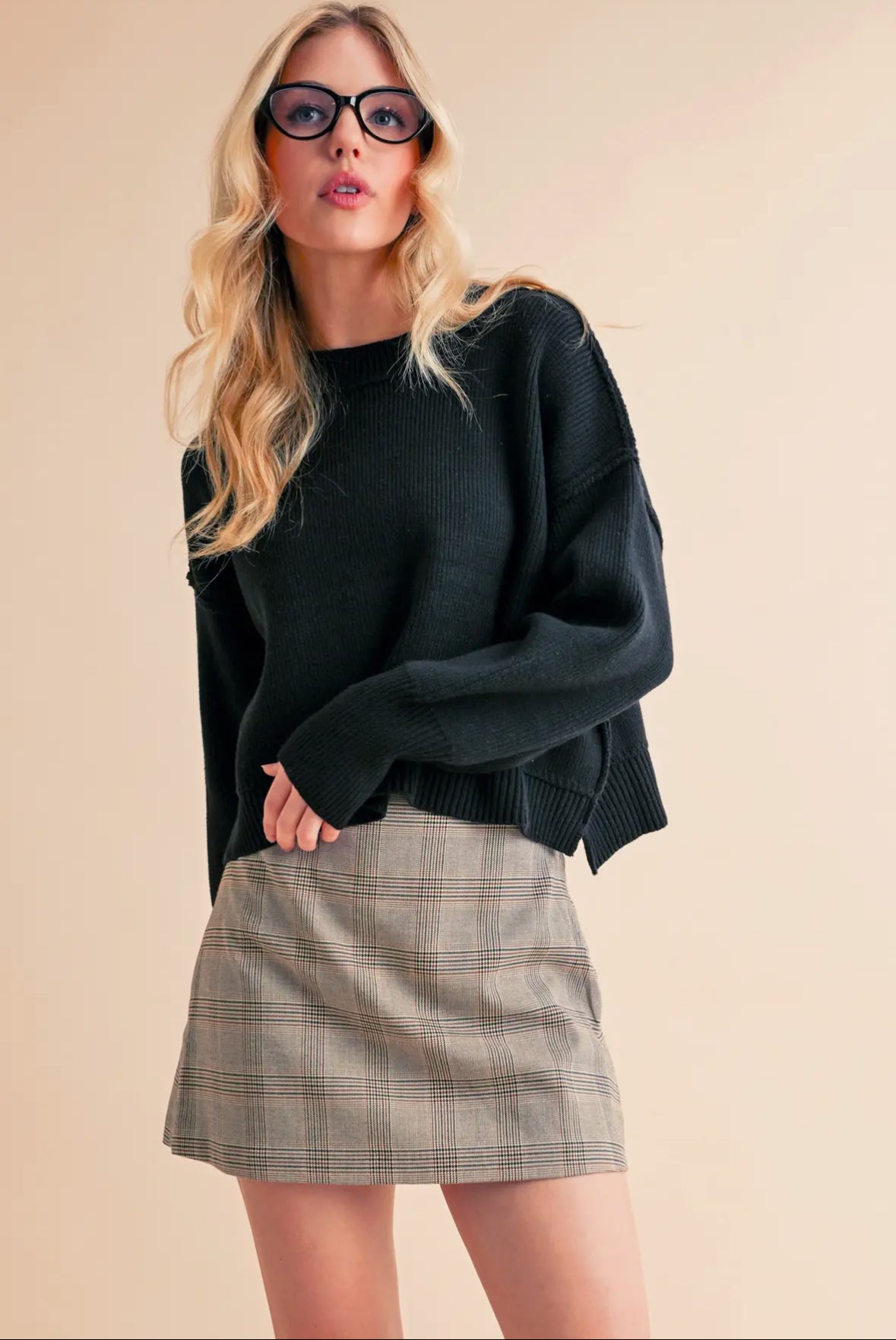 Regina Pullover Cropped Boxy Sweater, Black