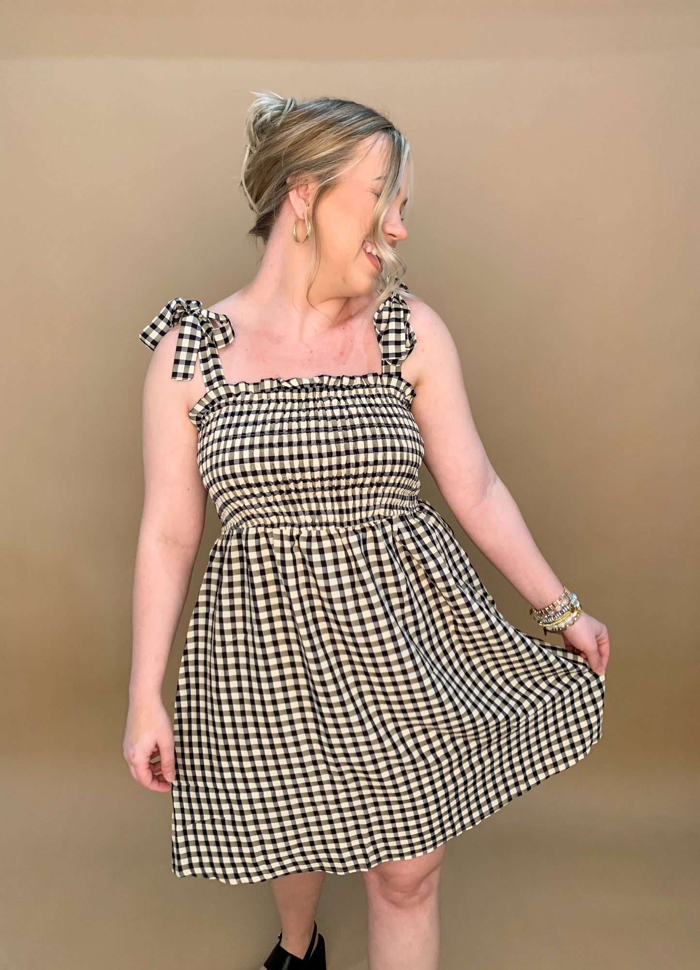 Kinley Gingham Smocked Dress, Black/Tan