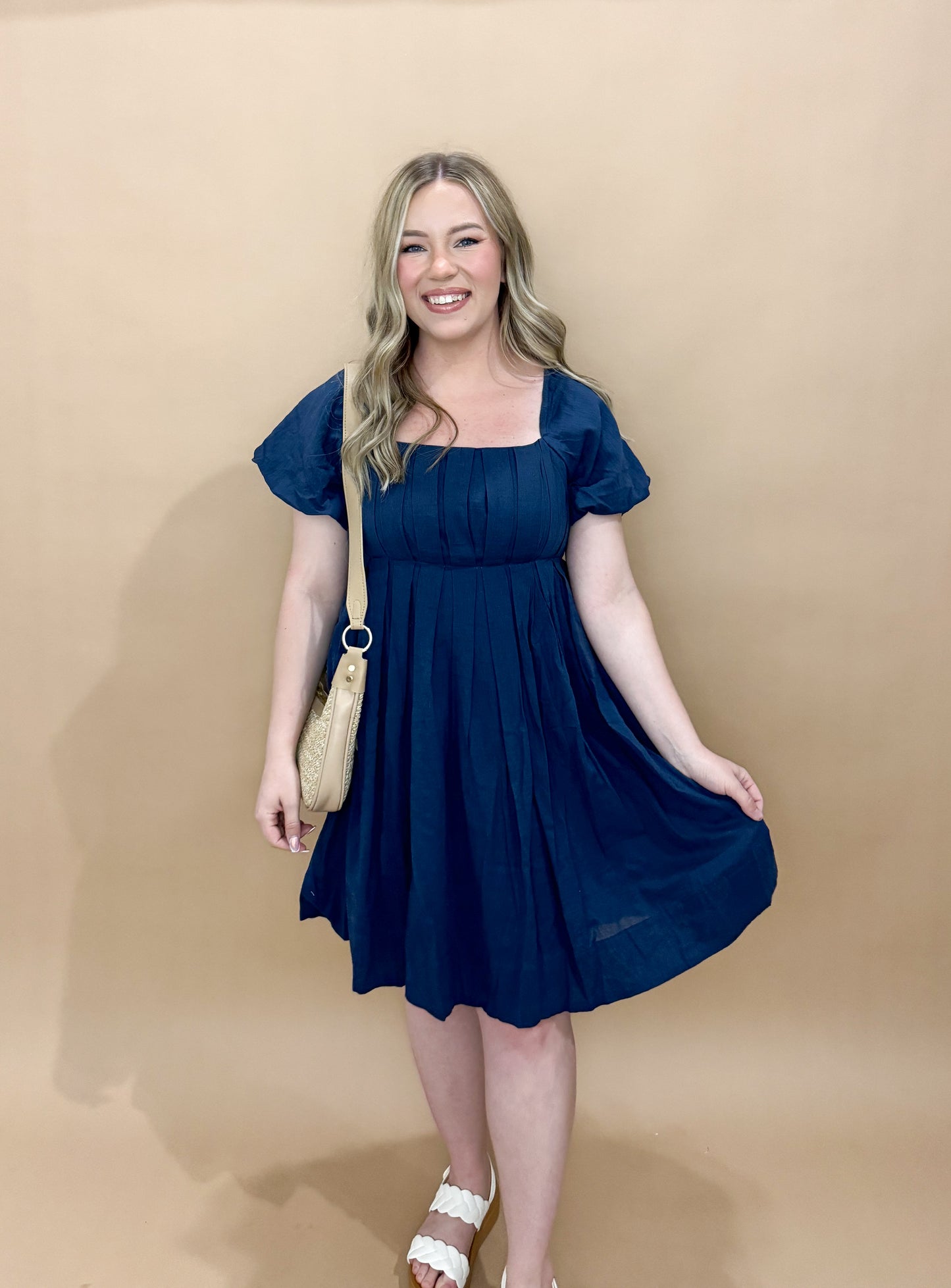Mollie Pleated Square Neck Linen Dress, Navy