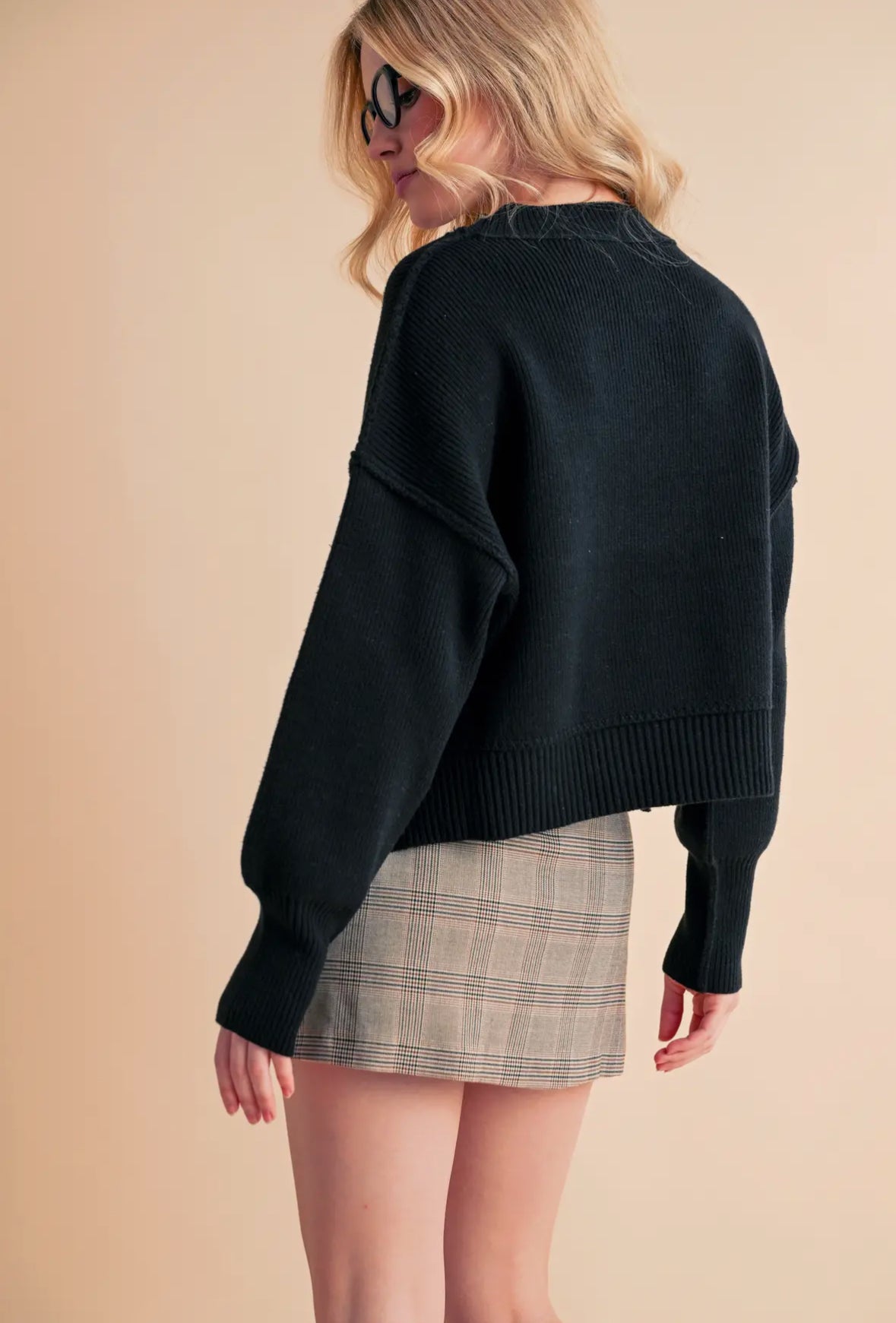 Regina Pullover Cropped Boxy Sweater, Black