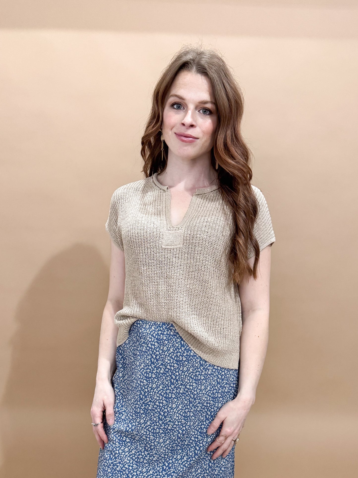 Belle Split Neck Short Sleeve Knit Pullover, Light Khaki