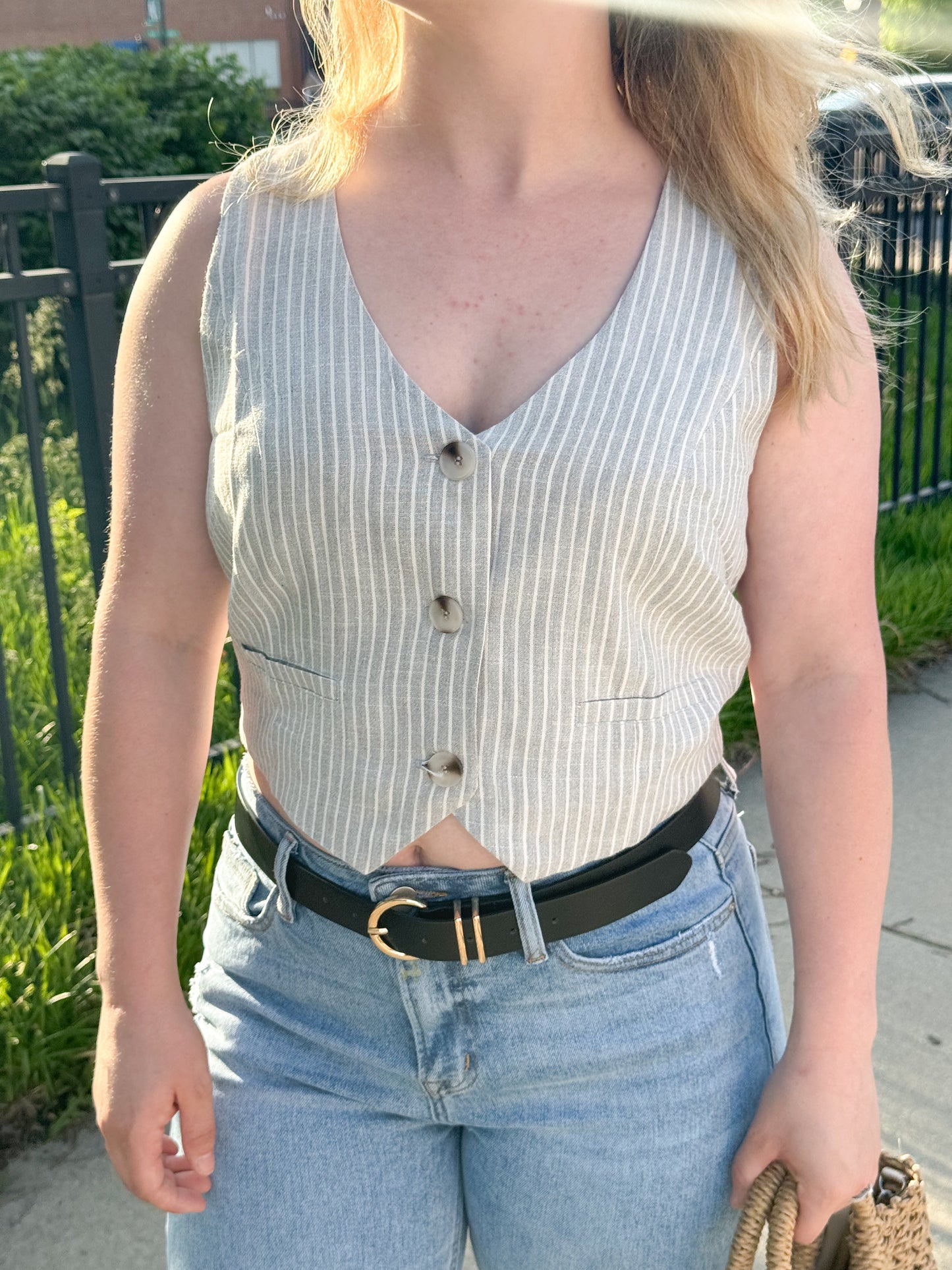 Marie Linen Pinstripe Button Up Vest, Heather Grey