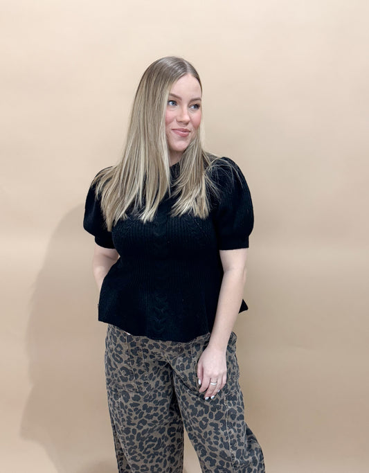 Pippa Cable Knit Short Sleeve Peplum Sweater, Black