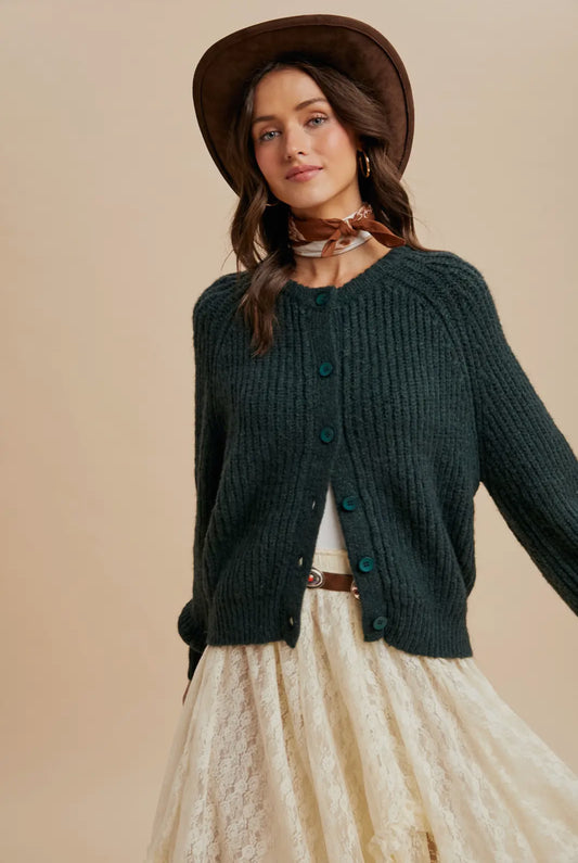 Danyelle Raglan Sleeve Knitted Button Up Cardigan, Evergreen