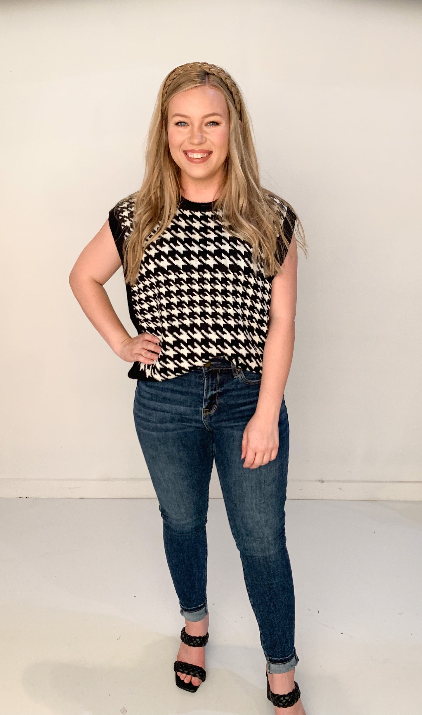 Workin' Girl Houndstooth Sweater Vest, Black