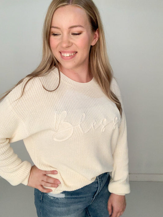 Blessed Embroidered Sweater, Cream