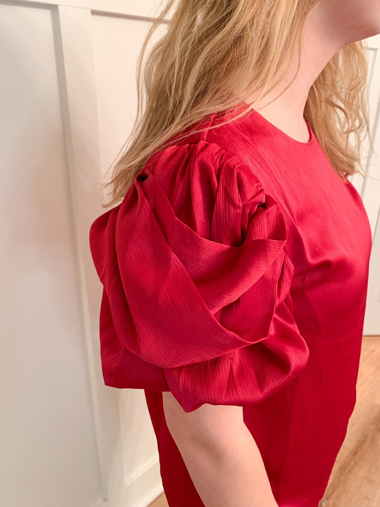 Avery Satin Fall Drape Sleeve Detail Blouse, Ruby
