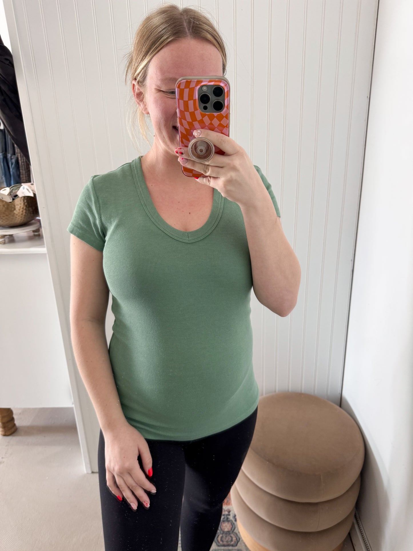 Wren Ribbed Scoop Neck Tee, Green
