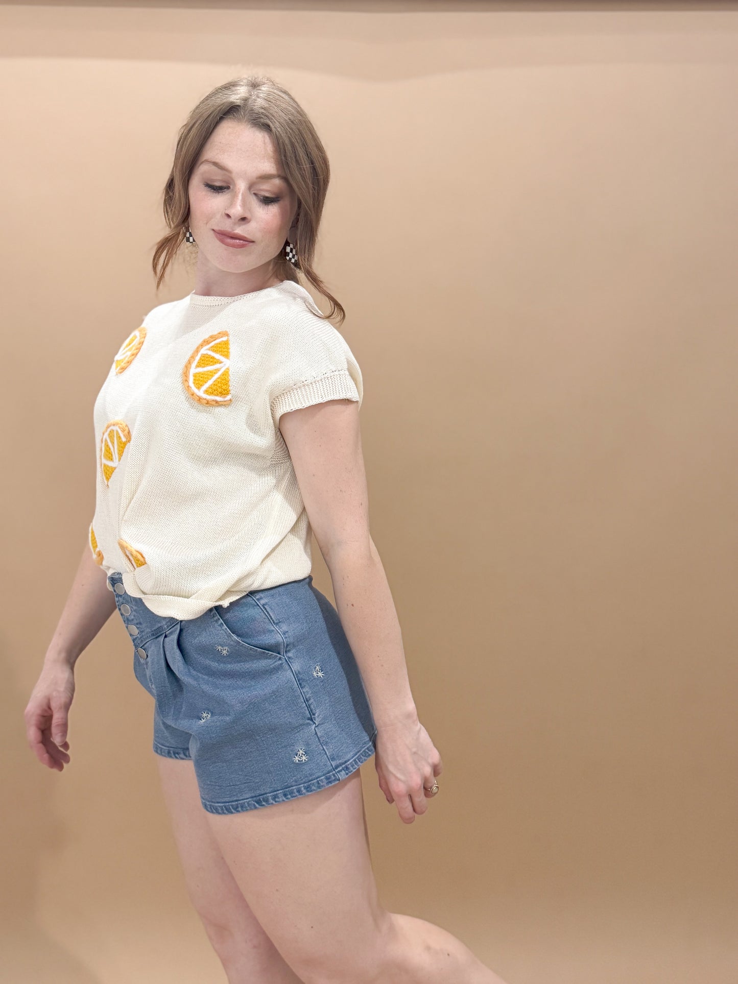 Greta Floral Embroidered Pleated Denim Shorts, Lt Denim