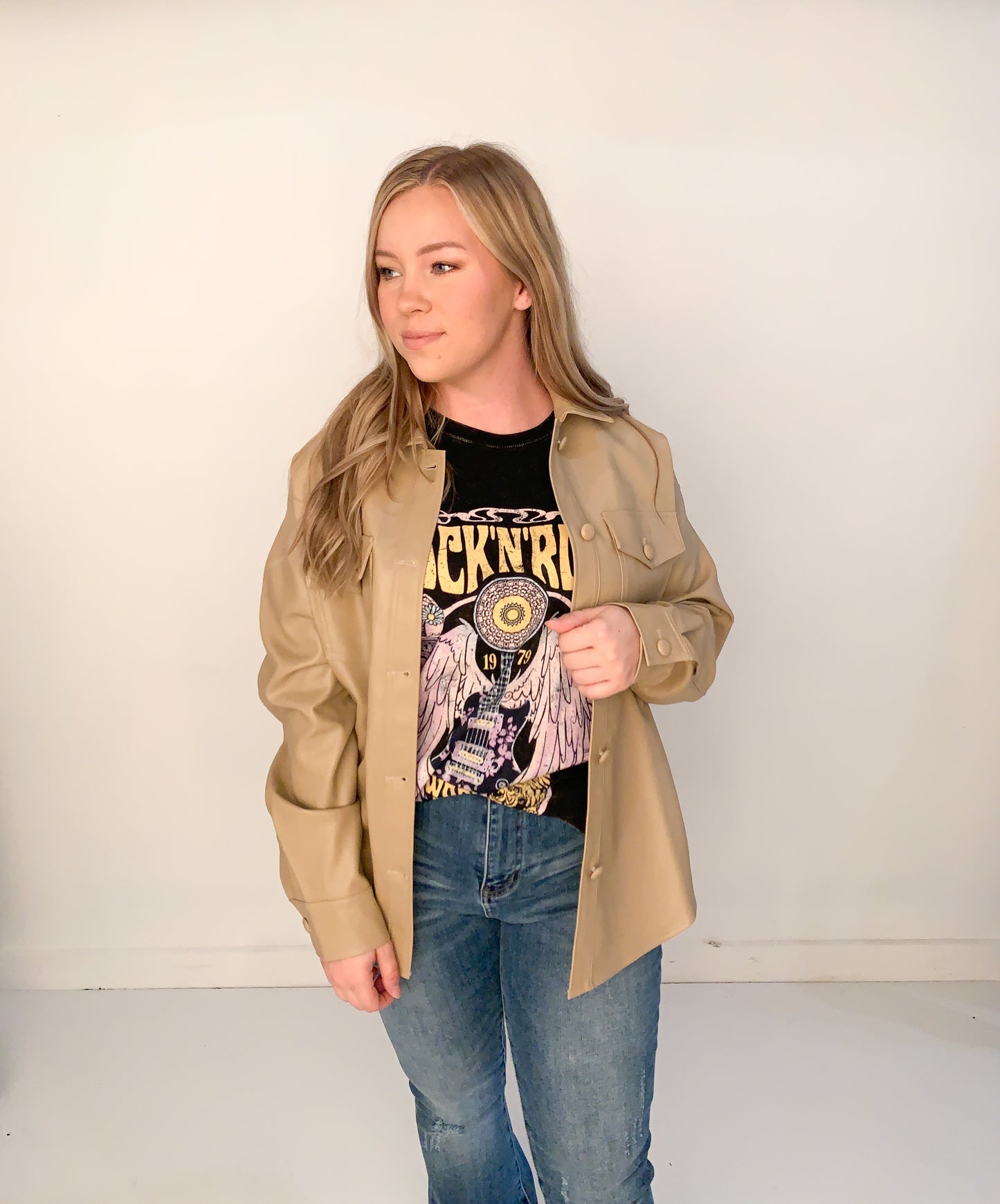 Jenni Faux Leather Shacket, Tan