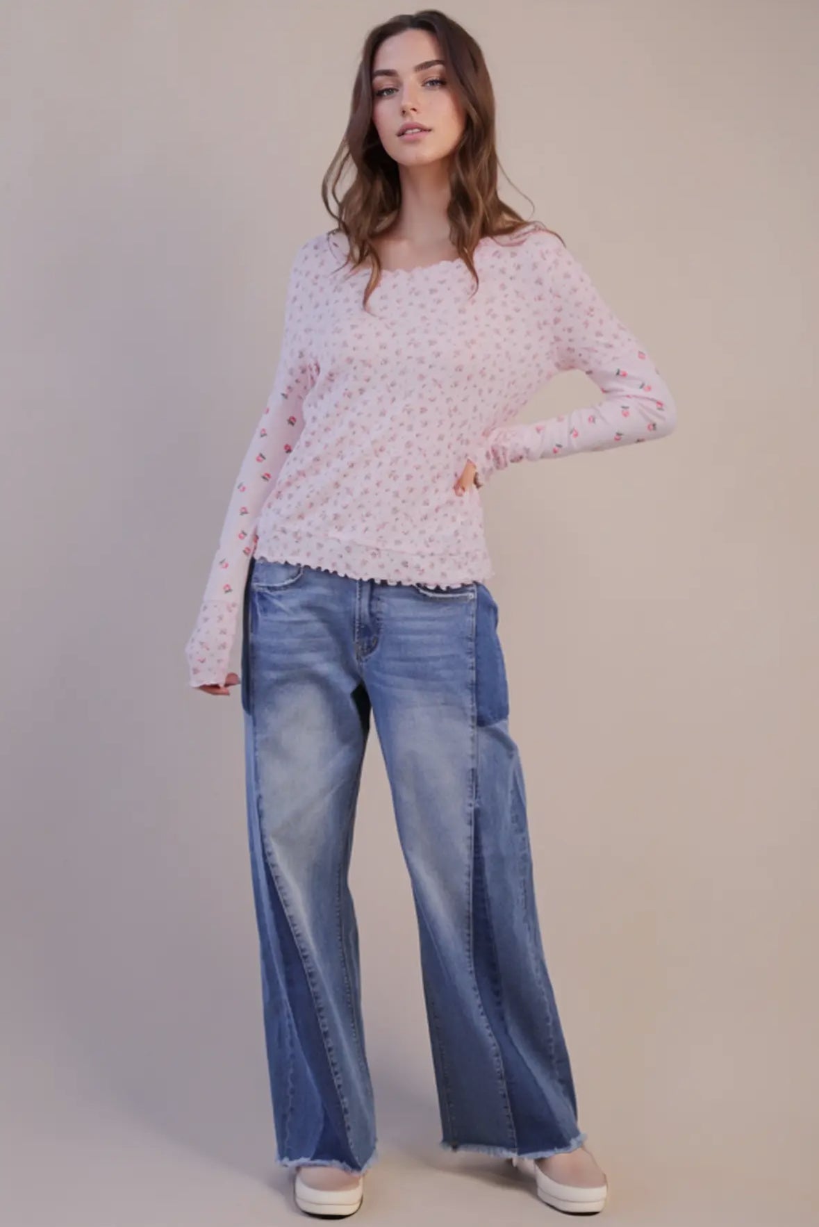 Gigi Floral Long Sleeve Lettuce Hem Top, Red