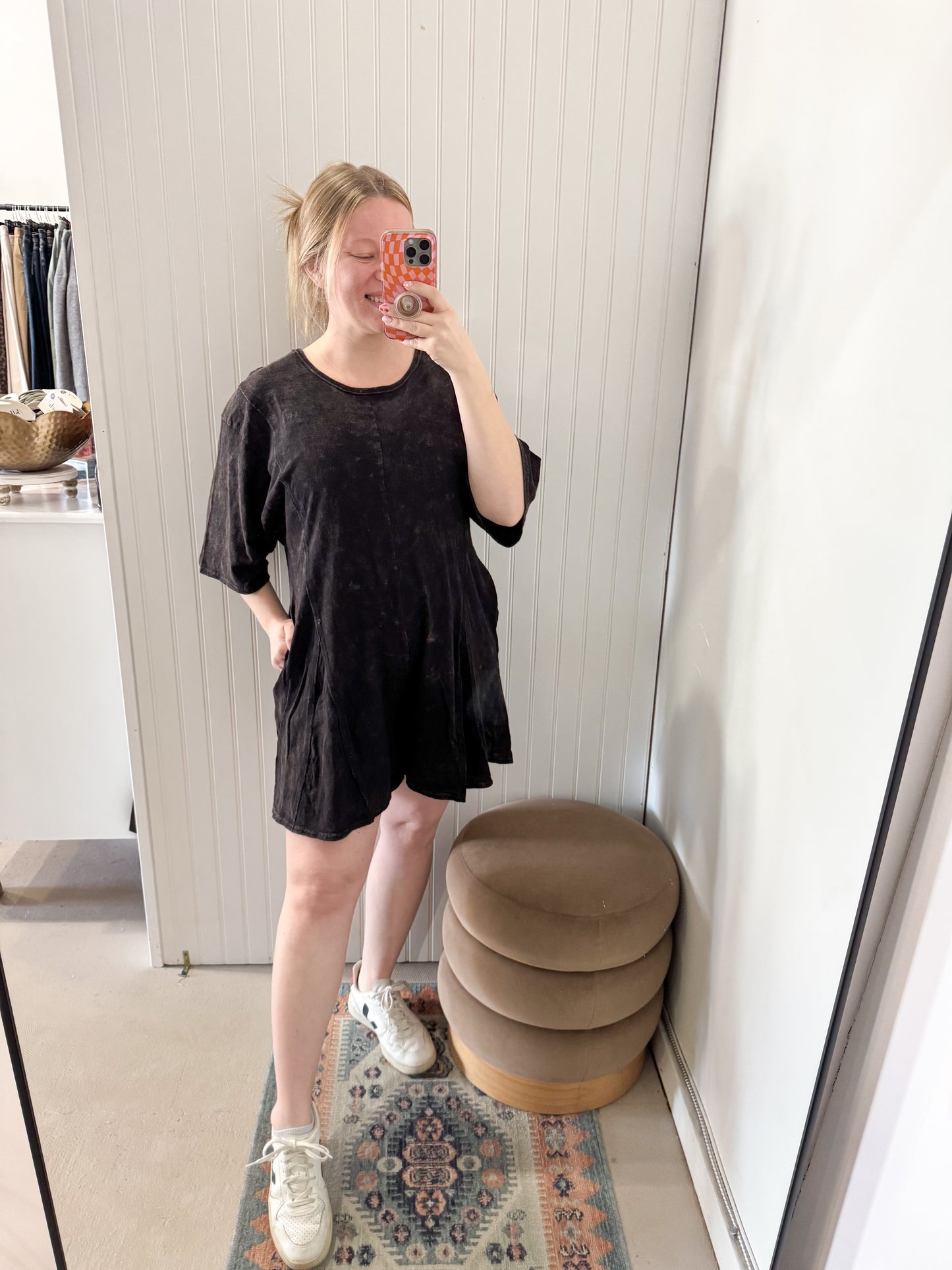 Collie Mae Mineral Washed Oversized Knit Romper, Black