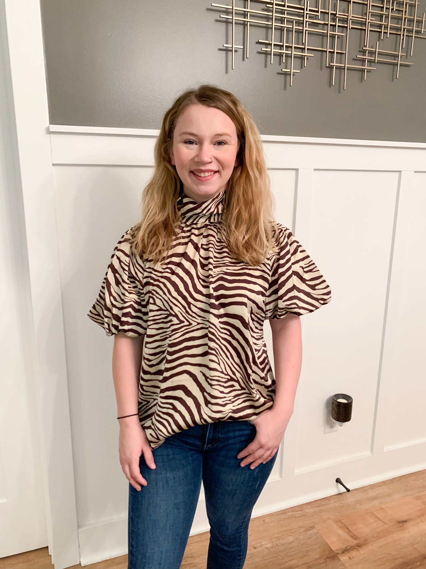 Zebra Mock Neck Puff Sleeve Blouse, Chocolate