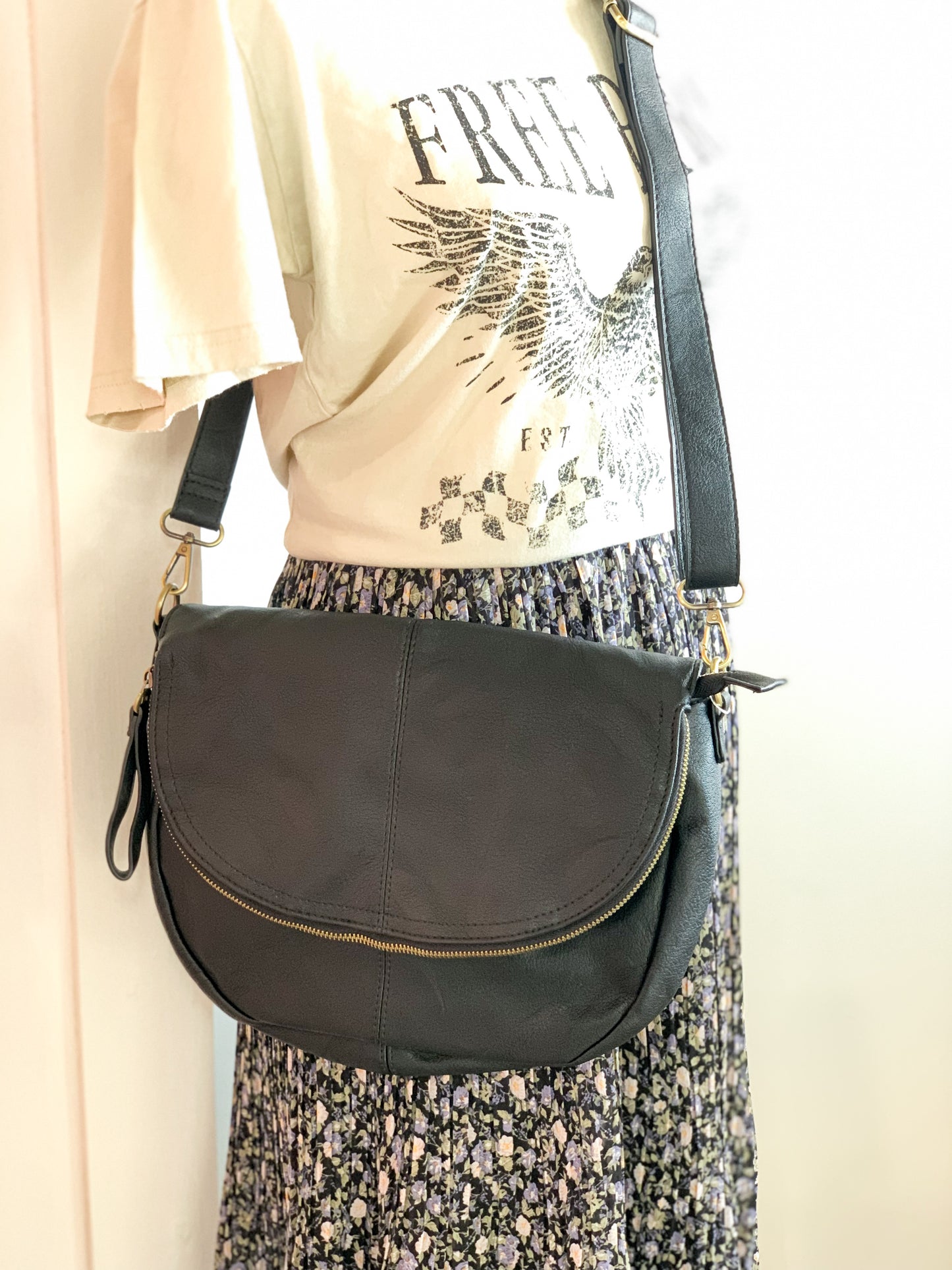 Selma Crossbody Saddle Bag, Black