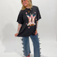Bryleigh Puff Print Girly Cowboy Boots Oversized Graphic Tee, Black