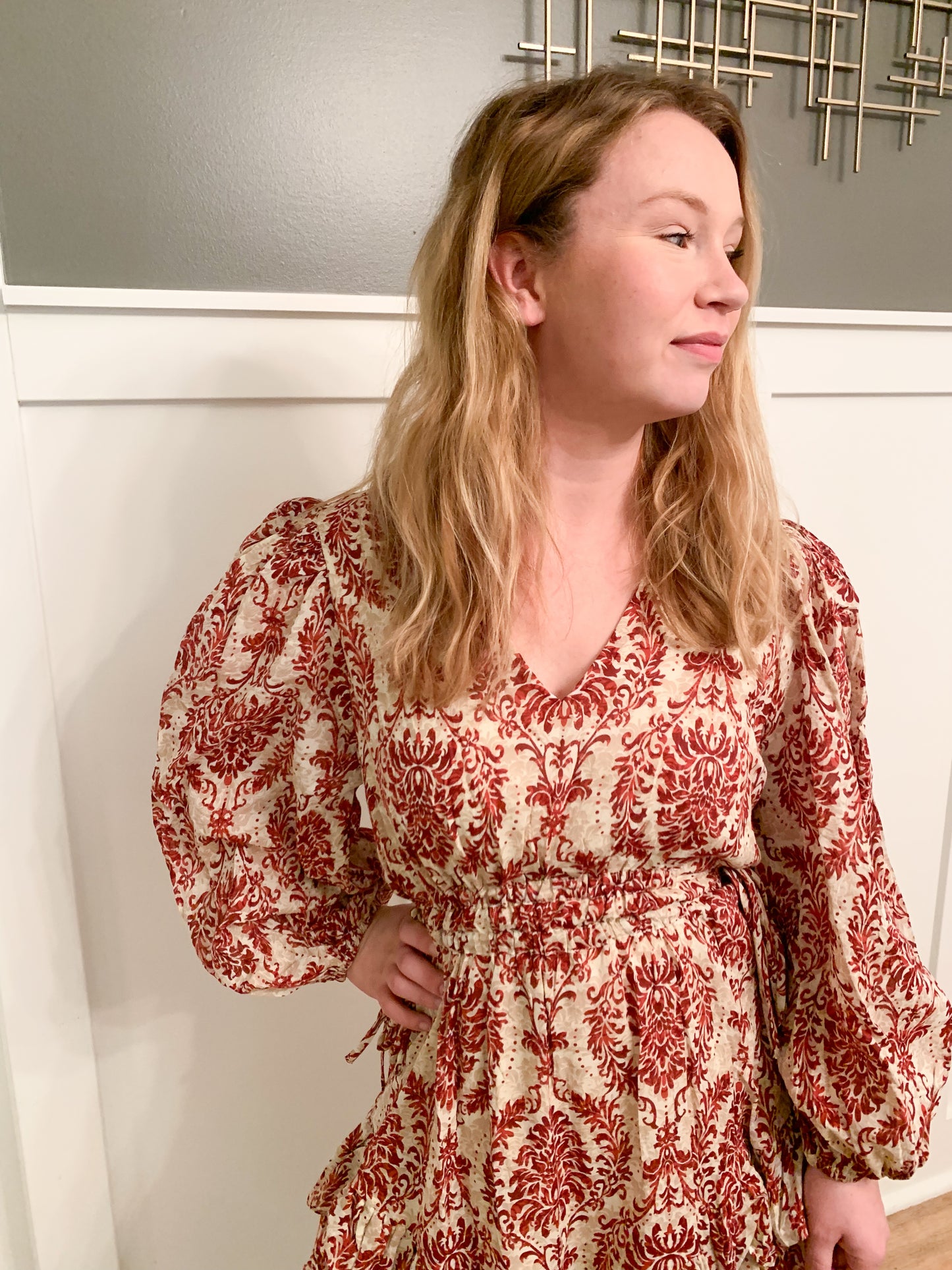 Jane Pattered Red Babydoll Dress, Taupe/Red