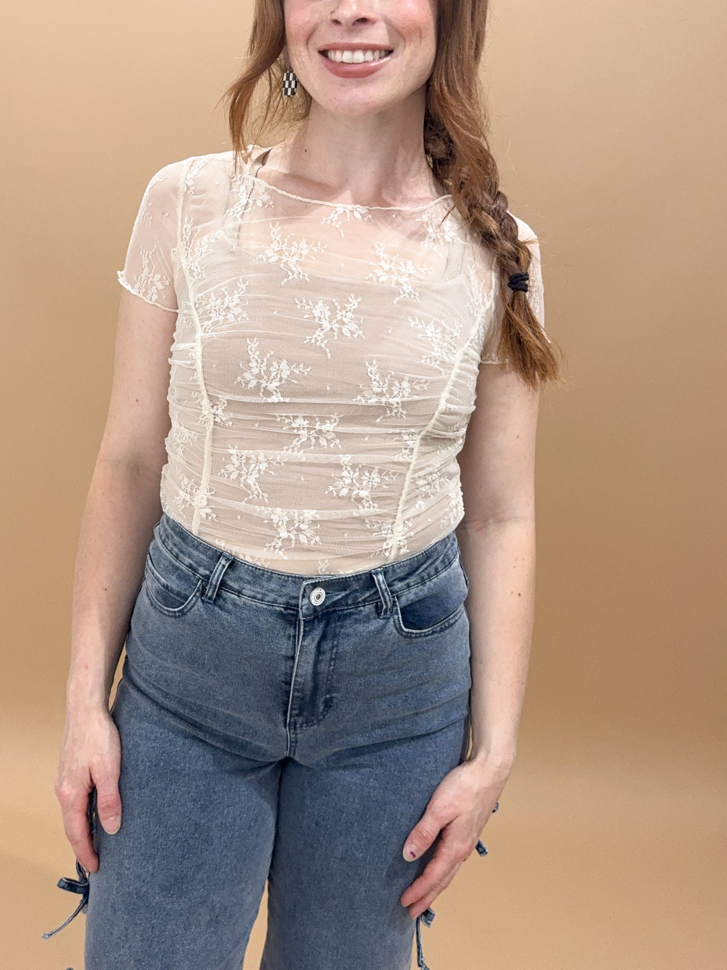 Randi Lace Cinched Fitted Short Sleeve Top, Ecru