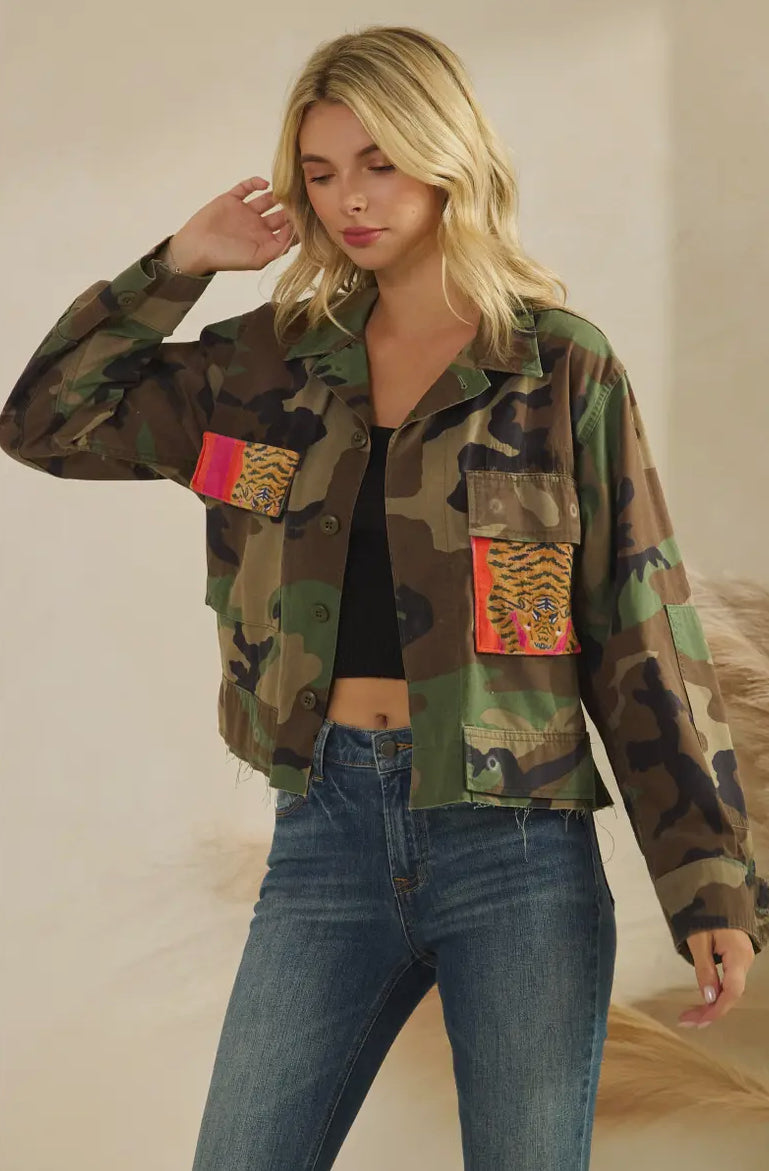 Wylder Camo Print Jacket with Tiger Print Contrast