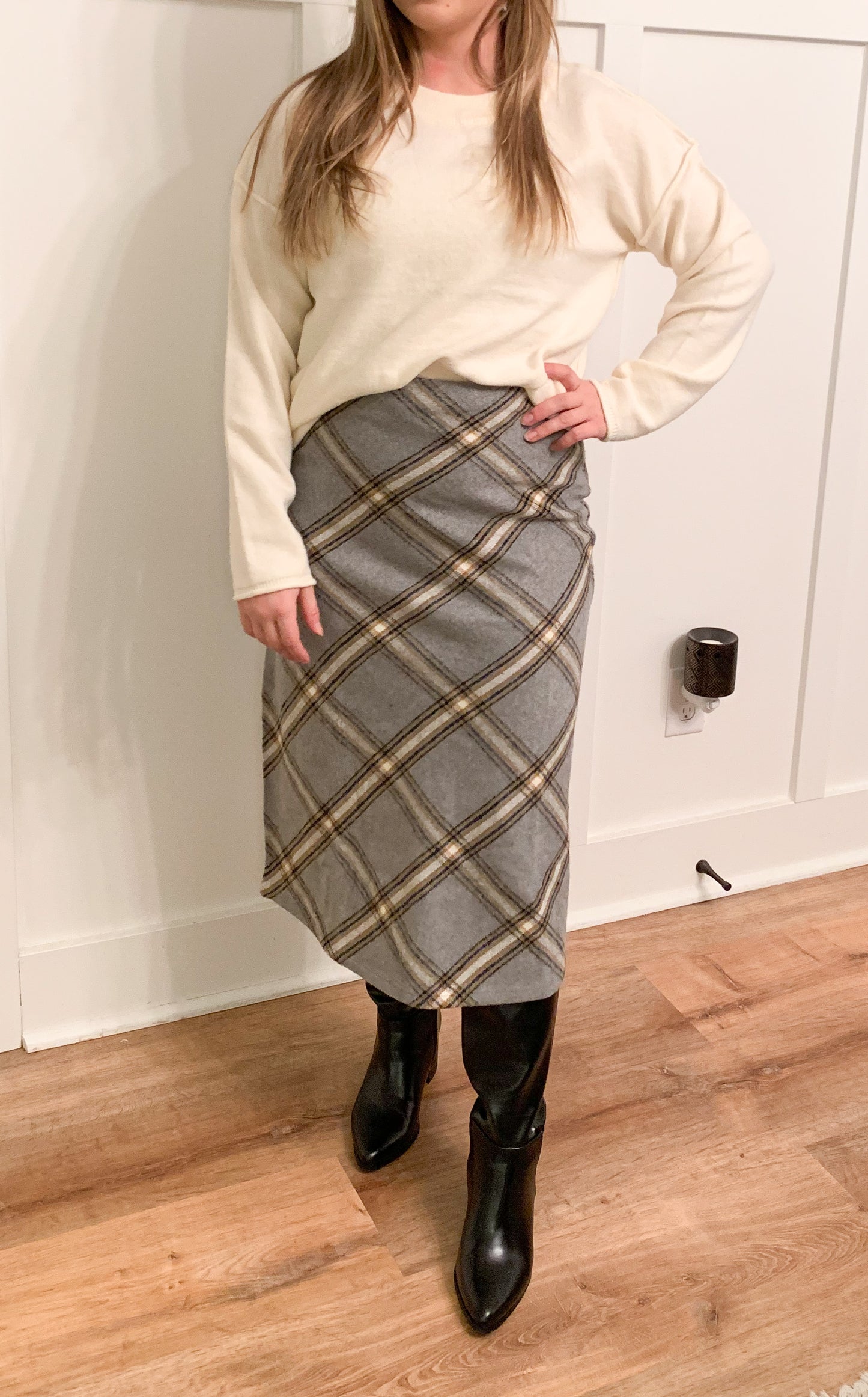Lex Plaid Midi Skirt, Charcoal