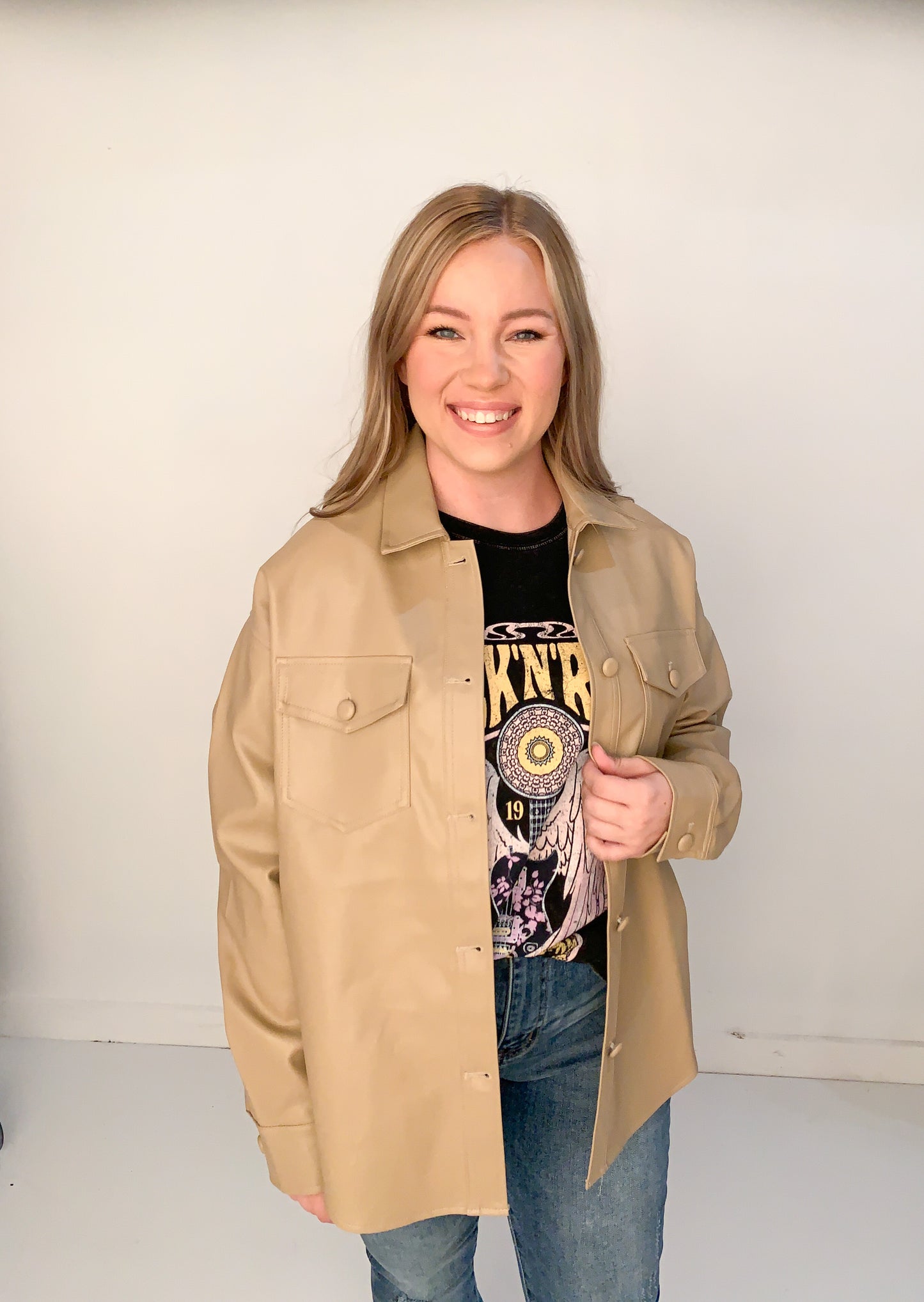 Jenni Faux Leather Shacket, Tan