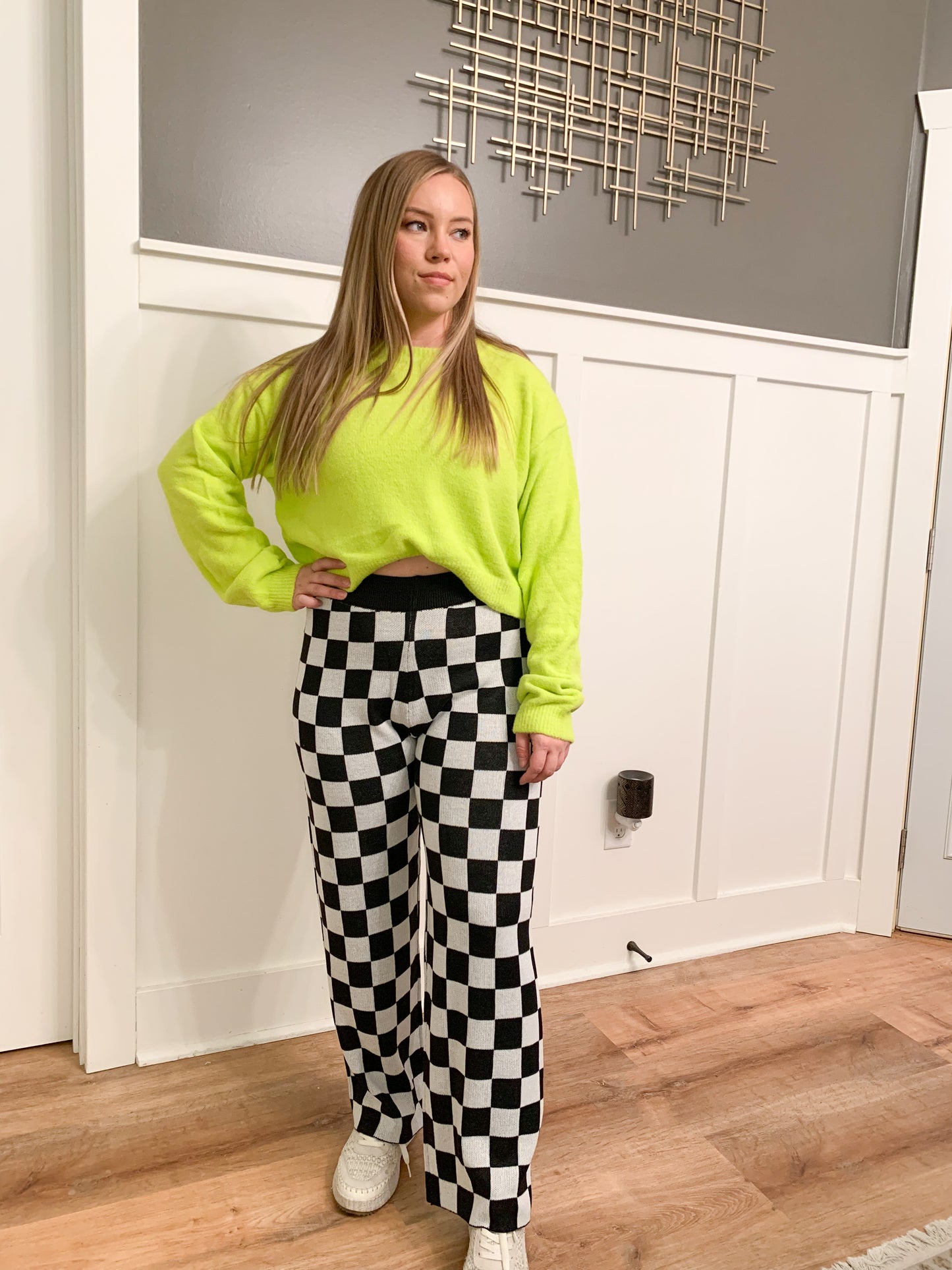 Kelse Checkered Knit Pants, Black