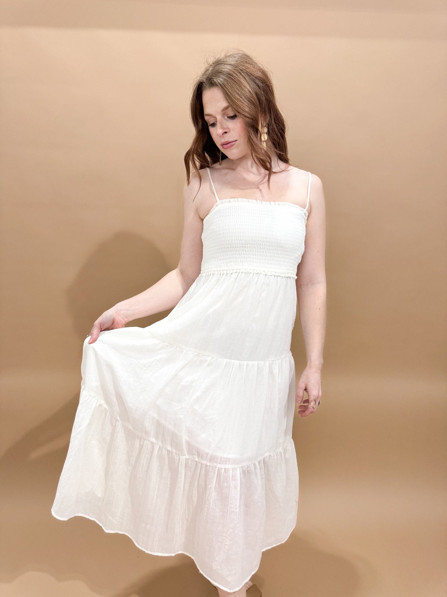 Kyleigh Lined Midi Dress with Smocked Bodice, White