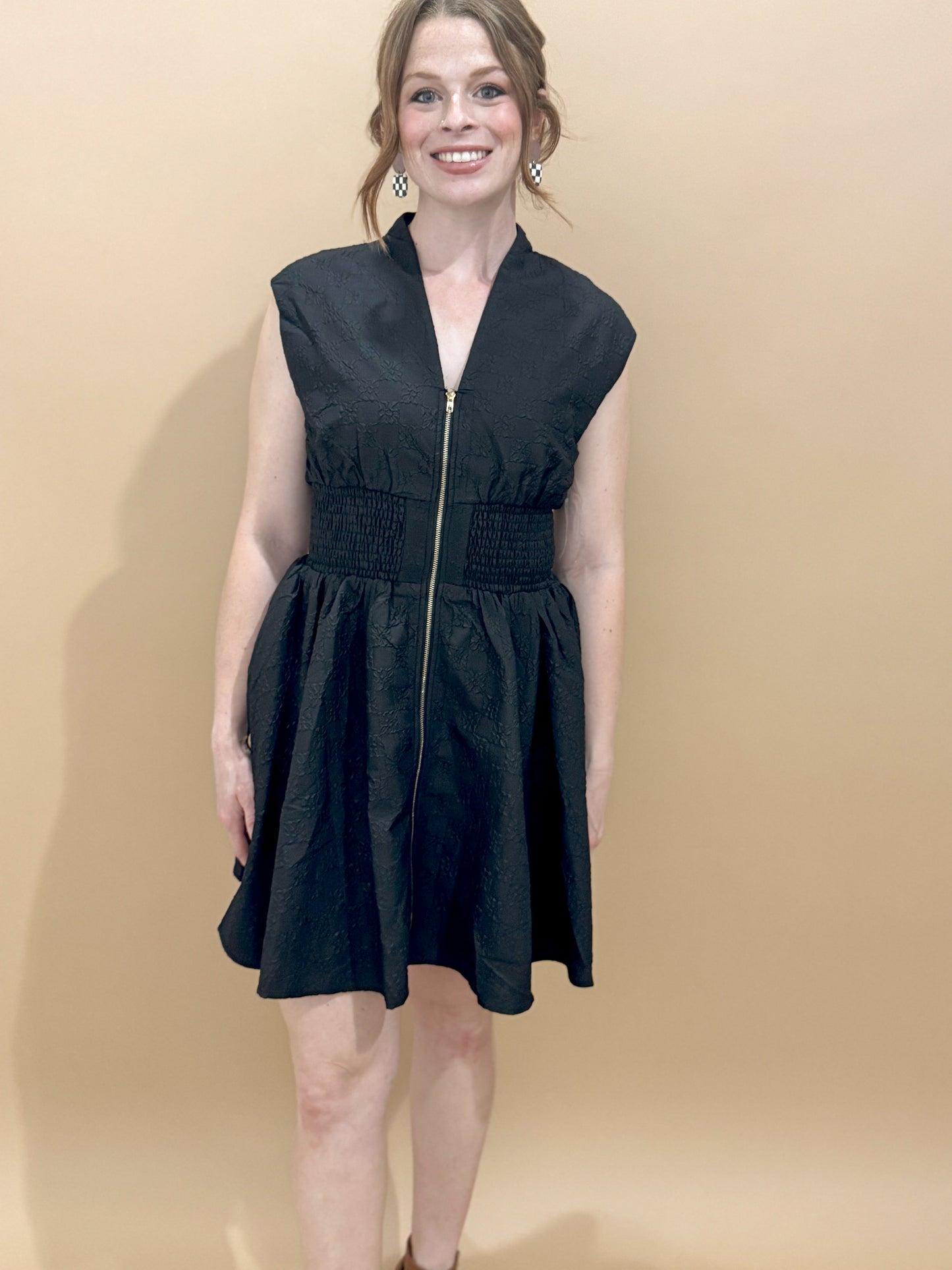 Demi Floral Appliqué Zip Up Mini Dress, Black