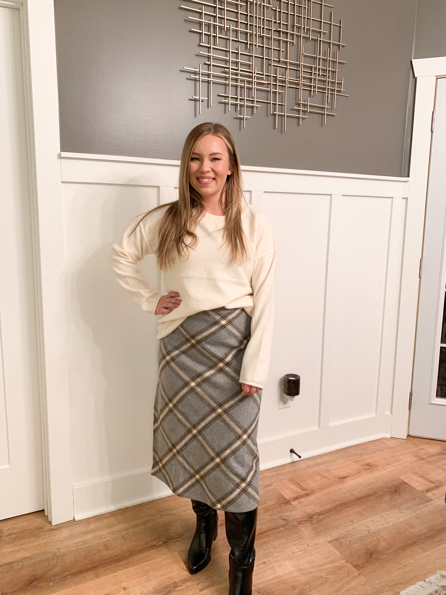 Lex Plaid Midi Skirt, Charcoal