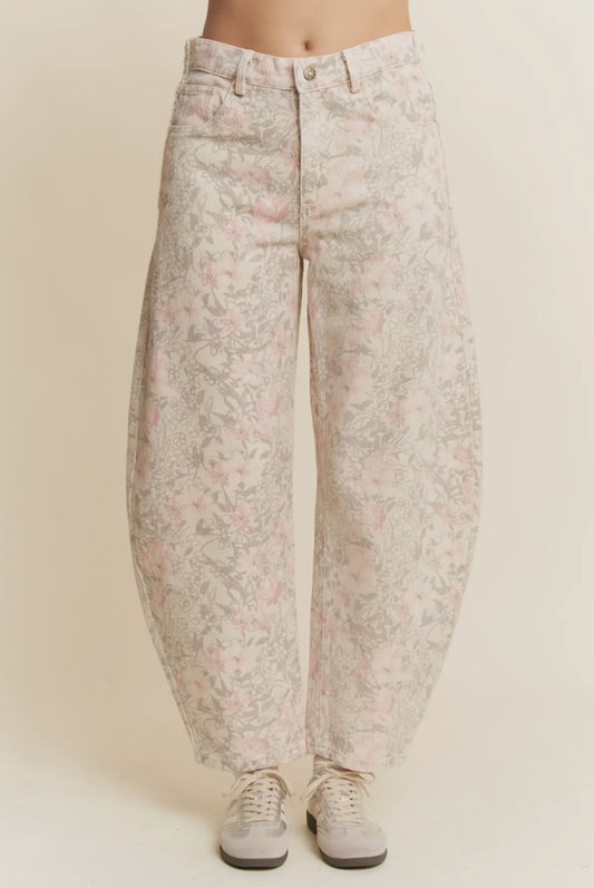 Calla Floral Barrel Jeans, Khaki