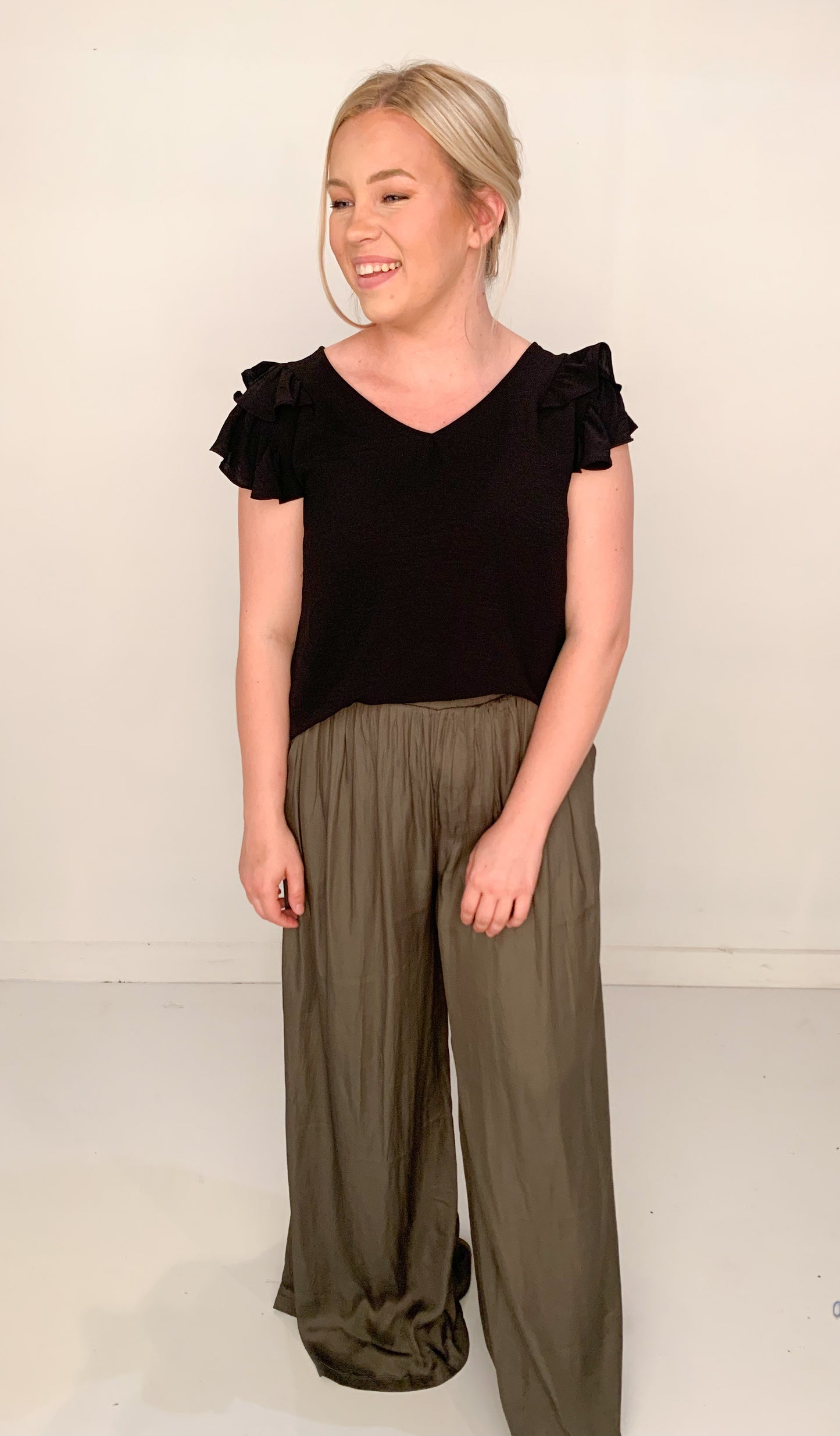 Ella Satin Palazzo Pants, Olive