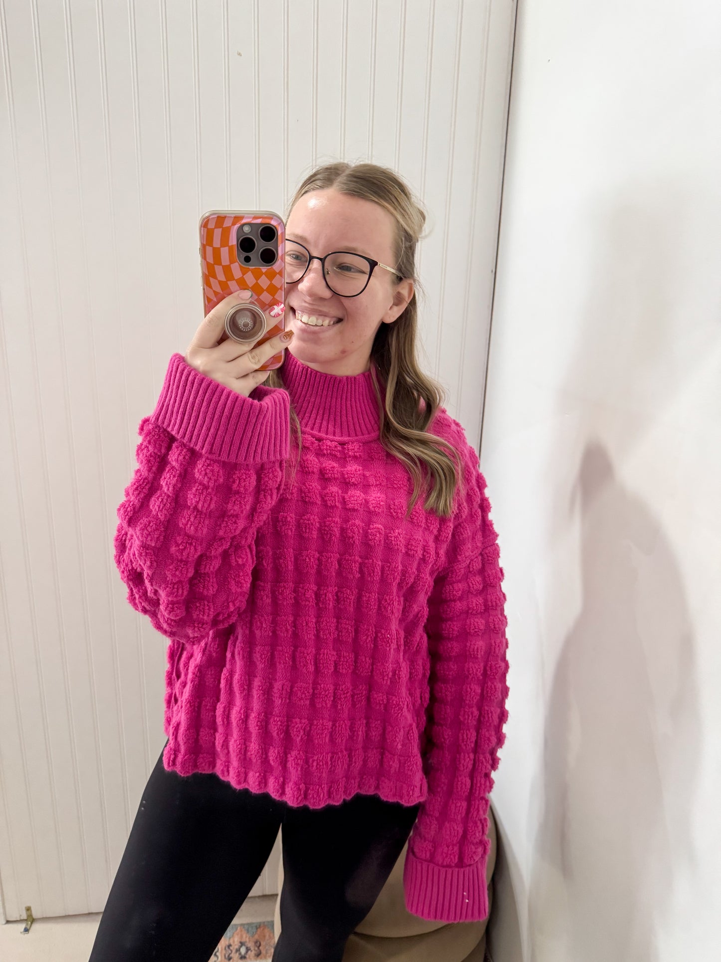 Ryleigh Textured Turtleneck Sweater, Fuchsia