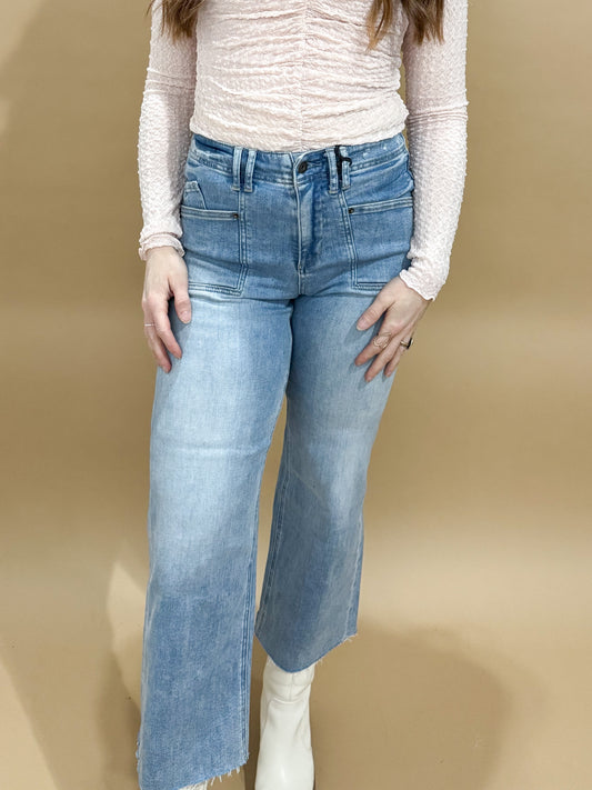 Eliza Super High Rise Wide Leg Crop w/ Square Front Pockets, Mica Denim
