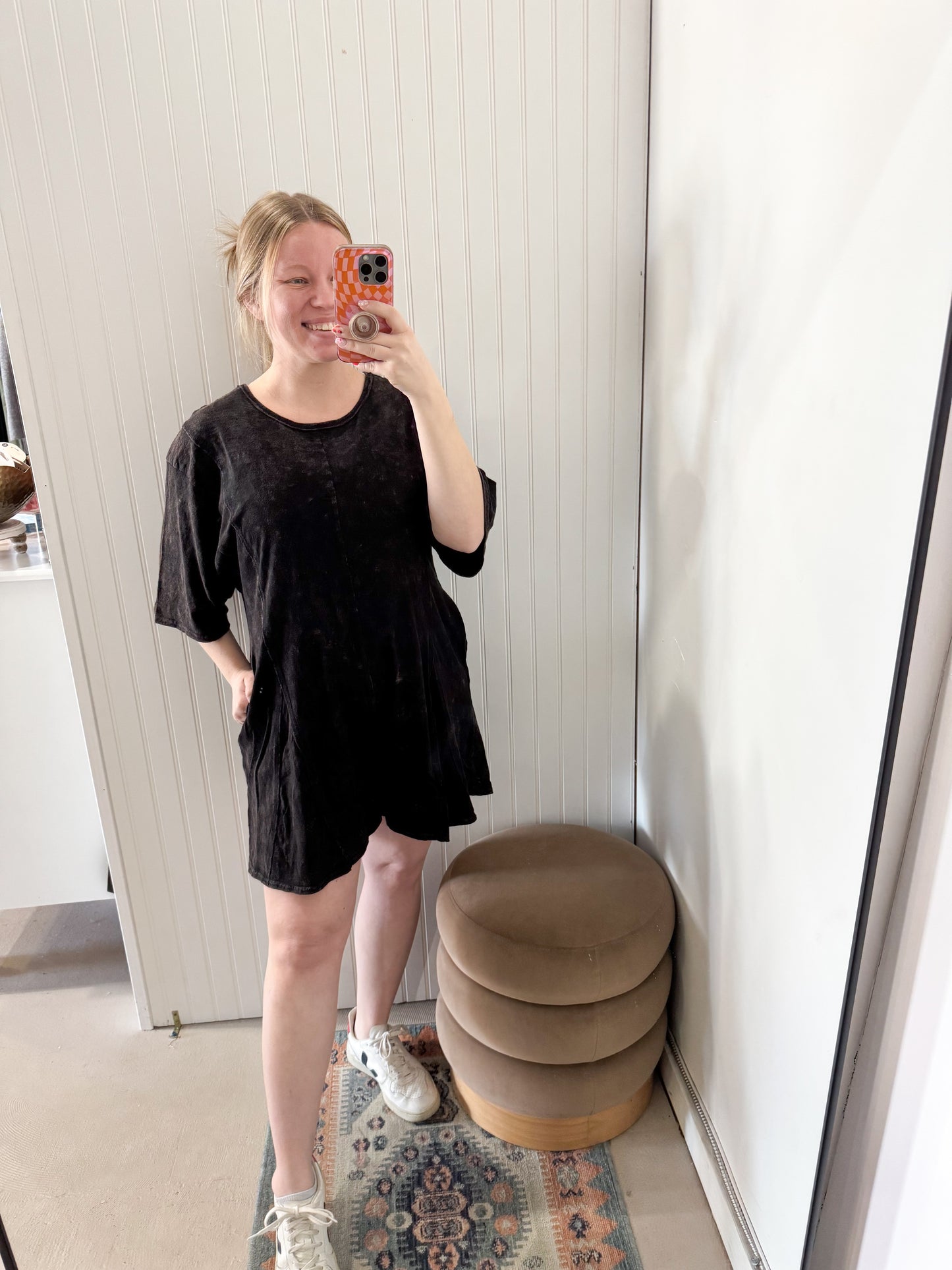 Collie Mae Mineral Washed Oversized Knit Romper, Black