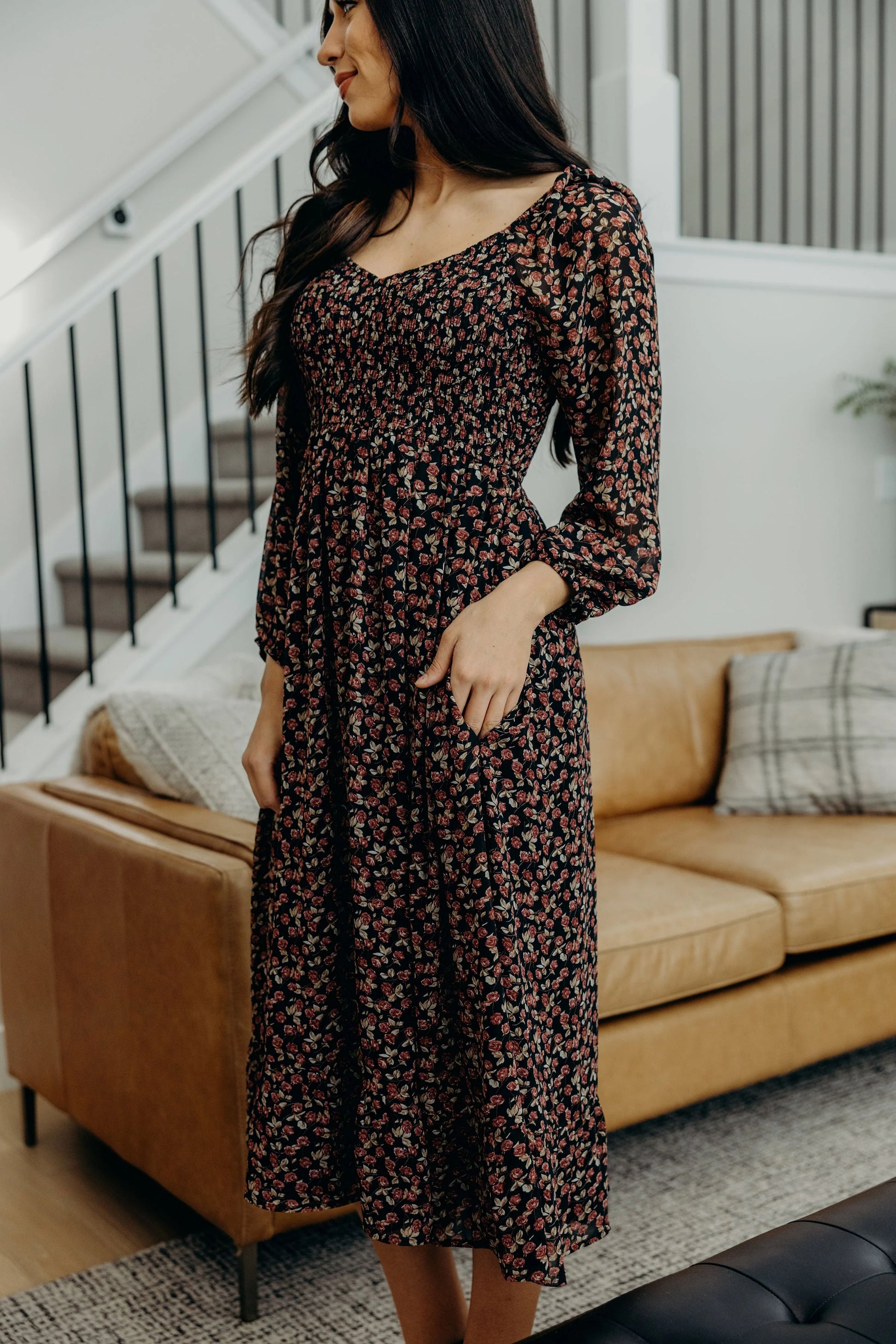 vintage long sleeve midi dress Long Sleeve Midi Dress in Green