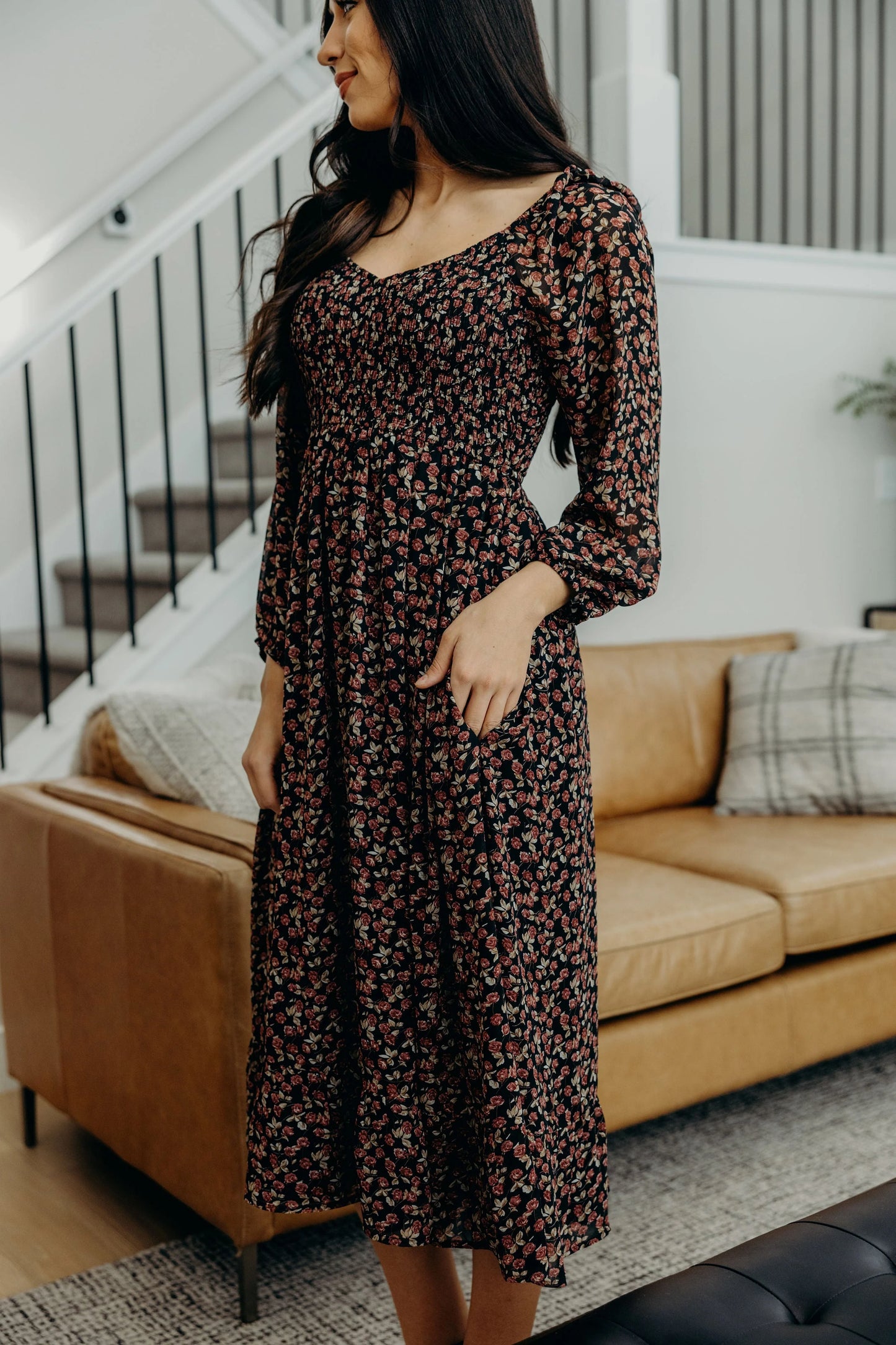 Greer Long Sleeve Floral Midi Dress, Vintage Belle