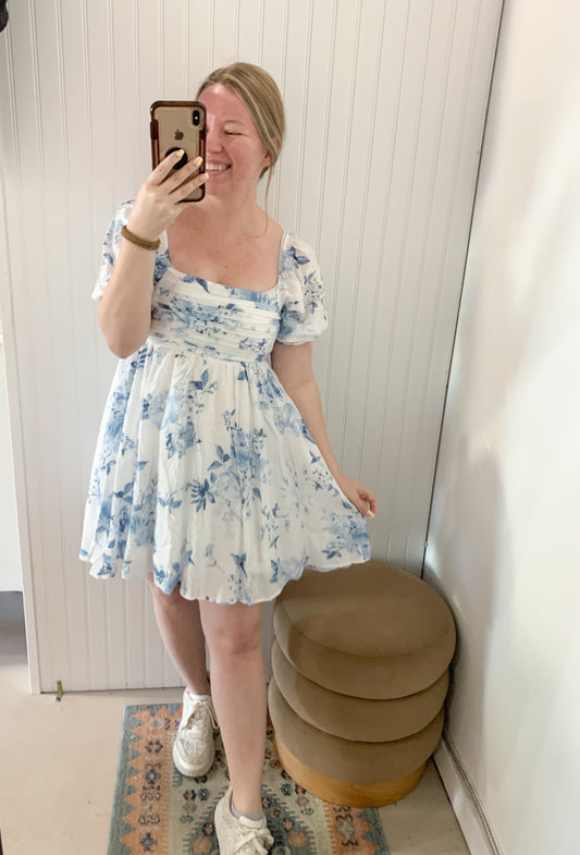Nala Floral Chiffon Dress, Blue/White
