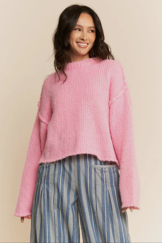 Vera Fuzzy Ribbed Texture Knitted Sweater, Pink