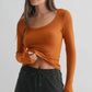 Grace Slim Fit Micro-rib Scoop Neck Long Sleeve, Burnt Amber
