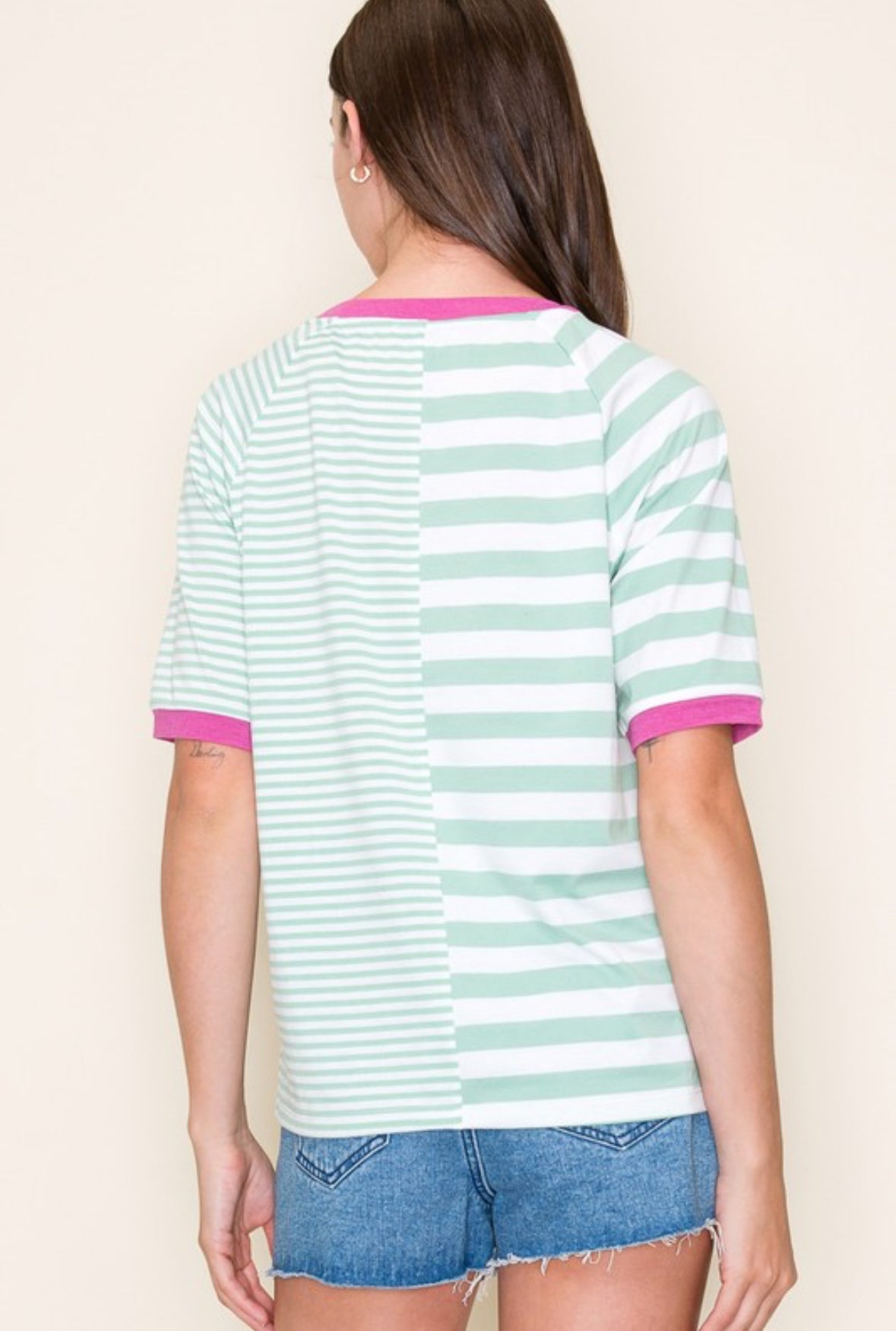 Neva Striped Color Block Half Sleeve Top, Dark Mint