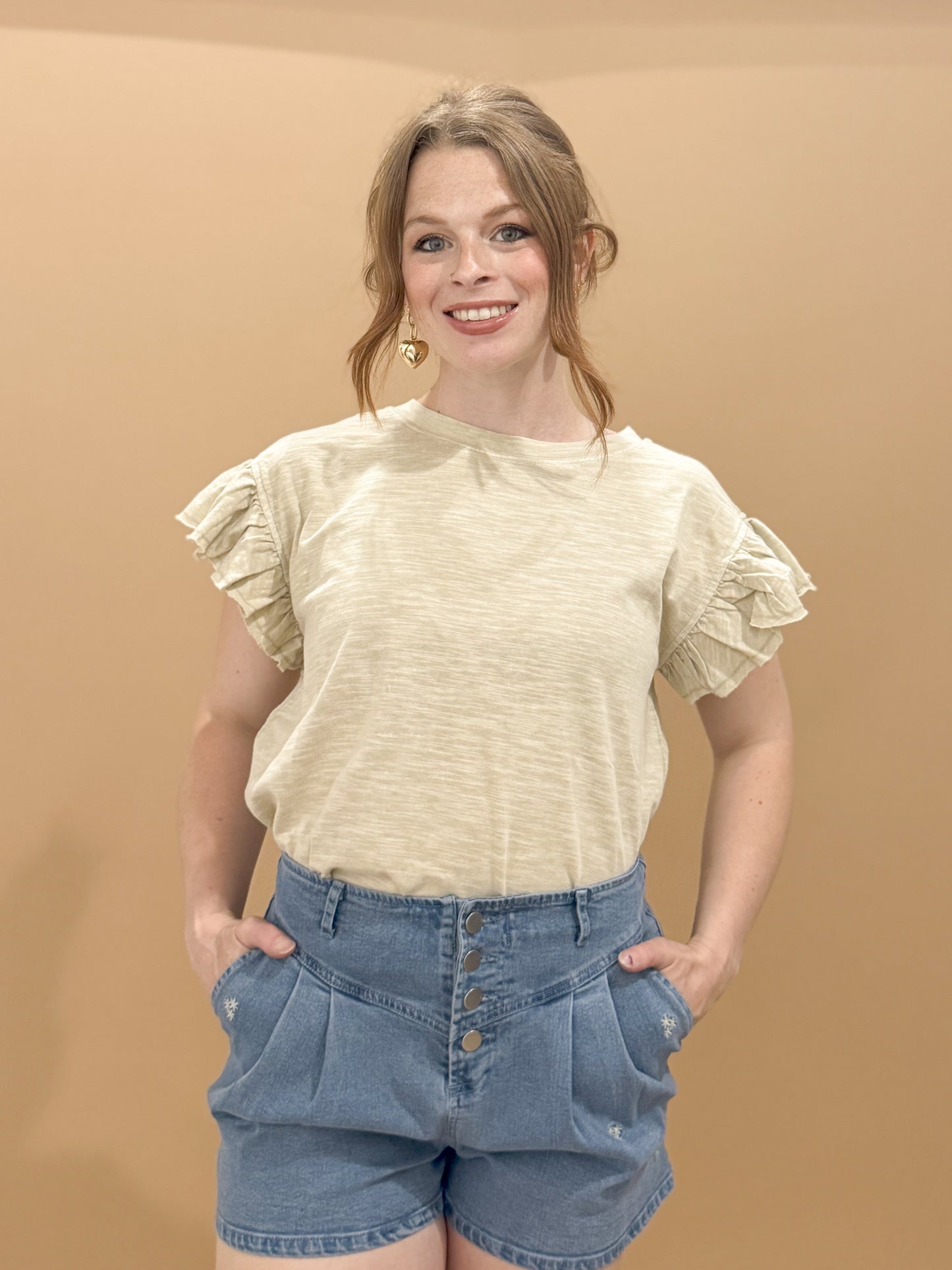 Dusti Wing Sleeve Cotton Slub Mineral Wash Knit Top, Khaki